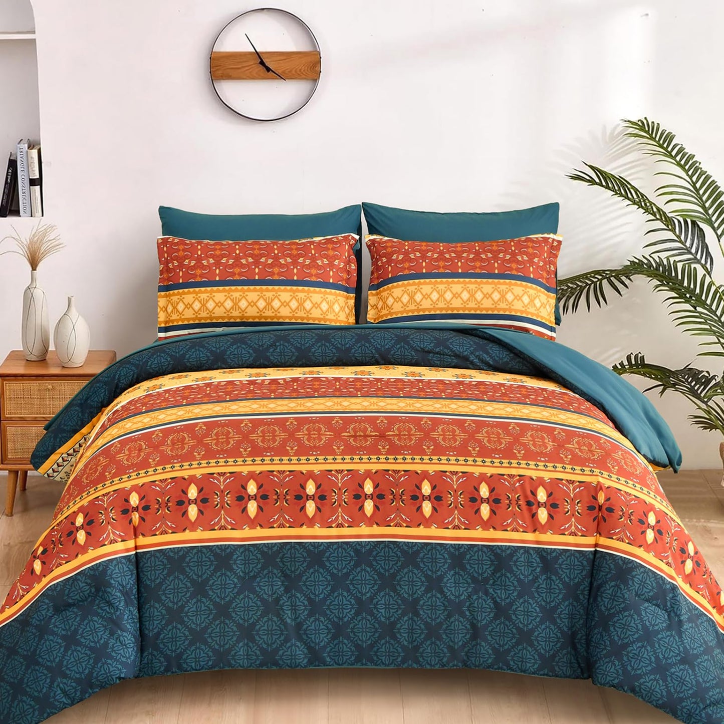 WONGS BEDDING Boho Comforter Set Queen Size,7 Pieces Bed in a Bag Bohemian Striped Bedding Set,Burnt Orange Paisley Floral Comfortet and Sheet Set,Soft Microfiber Bedding Sets for All Season