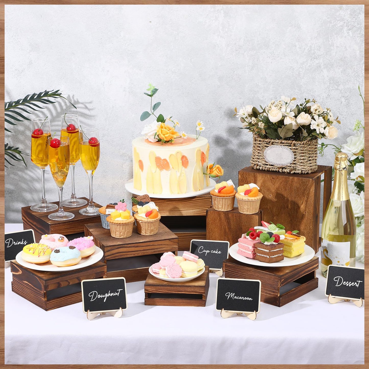 Lallisa 8 Pcs Buffet Risers with Mini Signs Bulk Food Risers for Table Rustic Wood Cake Stands Buffet Crate Wooden Dessert Display Stand with Hollow Bottoms for Wedding Birthday Party, 4 Sizes