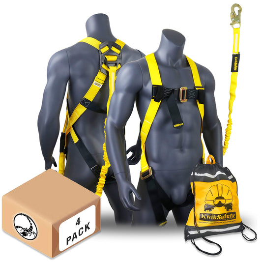 KwikSafety SCORPION [4 Pack] Safety Harness | Full Body Fall Protection Harness w/ 6ft Tubular Lanyards | OSHA ANSI Certified Fall Arrest PPE Gear