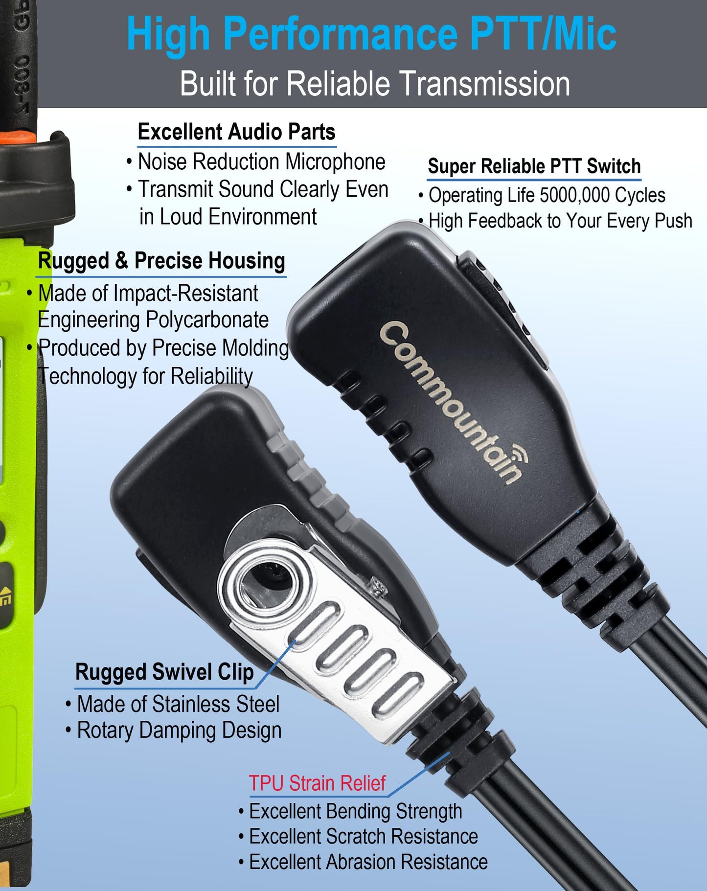 commountain CP200D CLS1410 Earpiece with PTT/Mic for Motorola Walkie Talkies Radios R2 CLS1110 CP100D CP200 CP185 BPR40 BPR40D DTR700 RDU4100 RDU4160D RMU2040 RMU2080D CLS CP, G Earhook Headset-5 Pack
