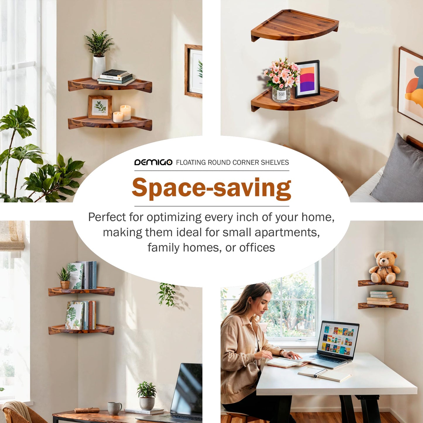 Demigo Floating Round Corner Shelves for Wall 2pcs - Acacia Wood Wall-Mounted Storage Shelves for Home Decor, Space Saving Displays for Living Room, Kitchen, Office, and Bedroom (Natural Brown)