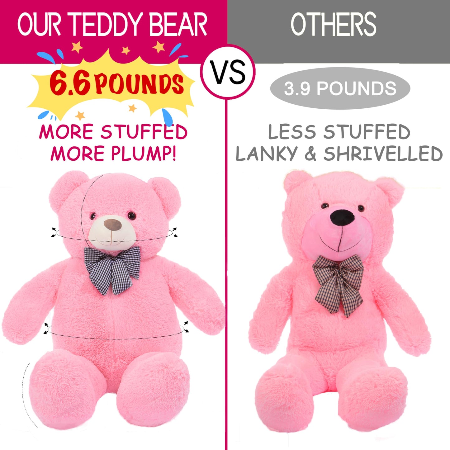 IKASA Giant Teddy Bear Stuffed Animal,Large Soft Toys Cute Plush Toy,Jumbo Big Oversized Fat Bears Animals Huge Life Size,Gifts for Kids Girls Boys Childrens (Pink, 47 inches)