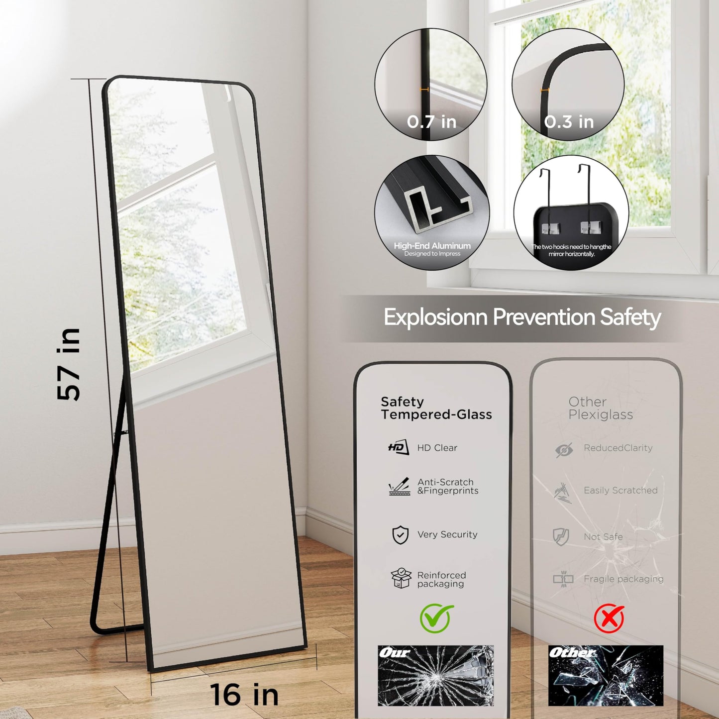SCWF-GZ Rectangle 57x16 Mirror Full Length Wall Mounted Hanging or Against Wall Metal Frame Dressing Make-up Mirrors for Entryway Bedroom Bathroom Living Room 57 16 inch Black