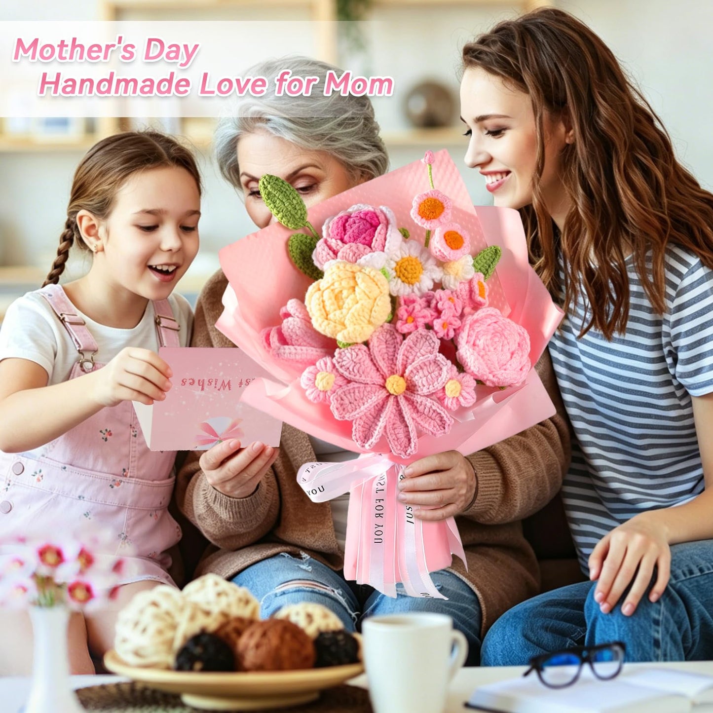 Crochet Flower Bouquet Pink, Handmade Knitted Floral, Crochet Tulips Galsang Flower for Women Mom Wife Girlfriend for Mother's Day Valentine's Day Birthday Anniversary Graduation with Gift Bag & Card