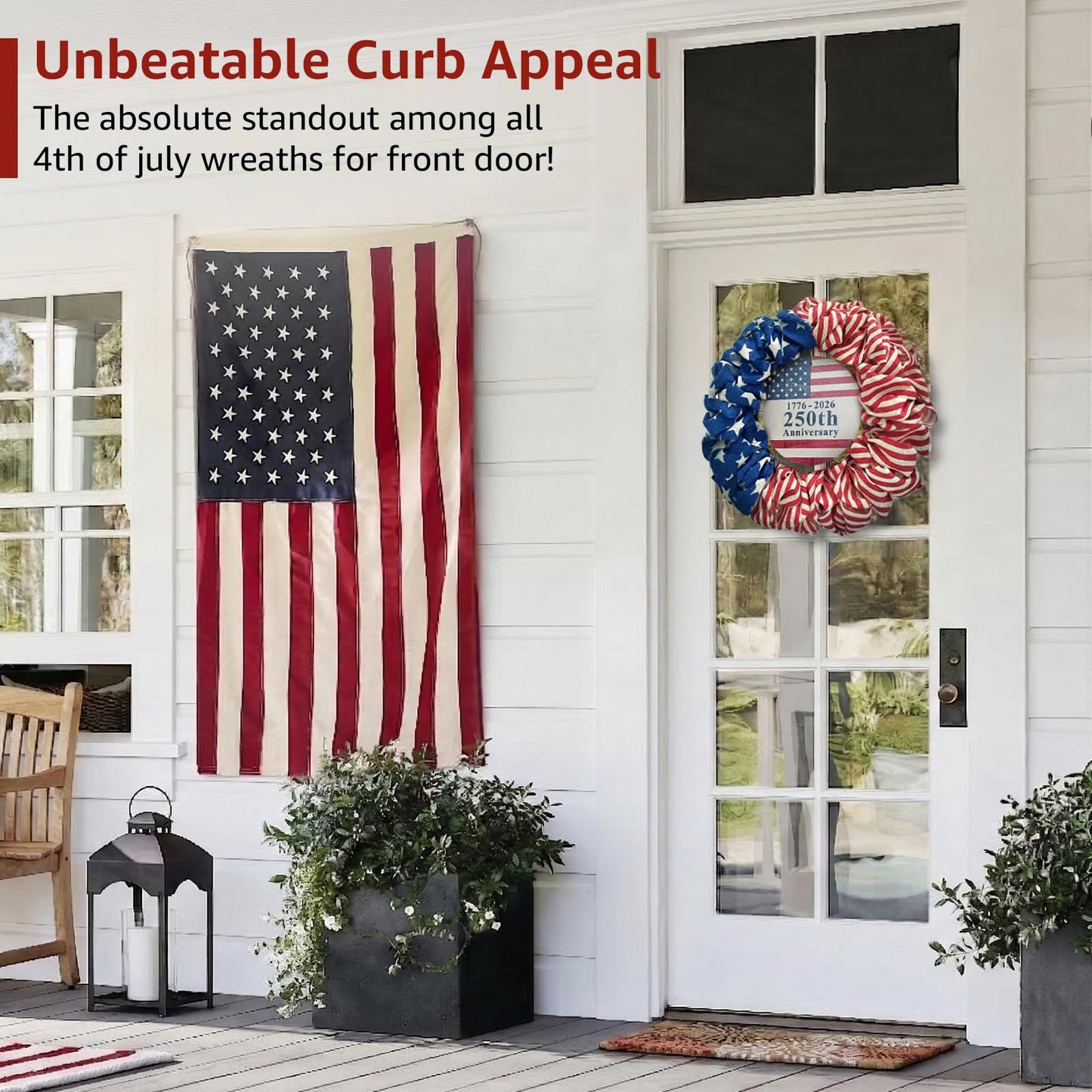 4th of July Wreath for Front Door - 20 inch Memorial Day Patriotic Decorations Outdoor, Red White and Blue 1776-2026 USA 250th Anniversary Burlap American Flag Door Wreaths