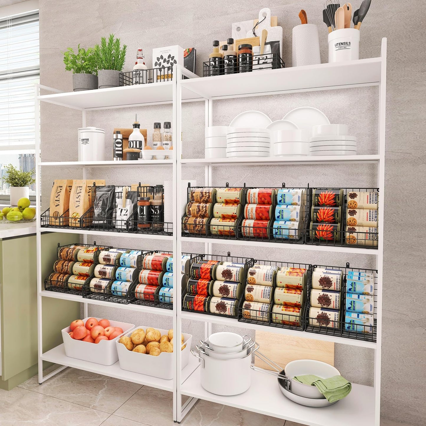4 Pack Stackable Can Organizer for Pantry with Adjustable Dividers, Soda Can Organizer, Can Storage Dispenser Holds up to 56 Cans, Metal Wire Baskets Can Holder for Kitchen Cabinet Pantry