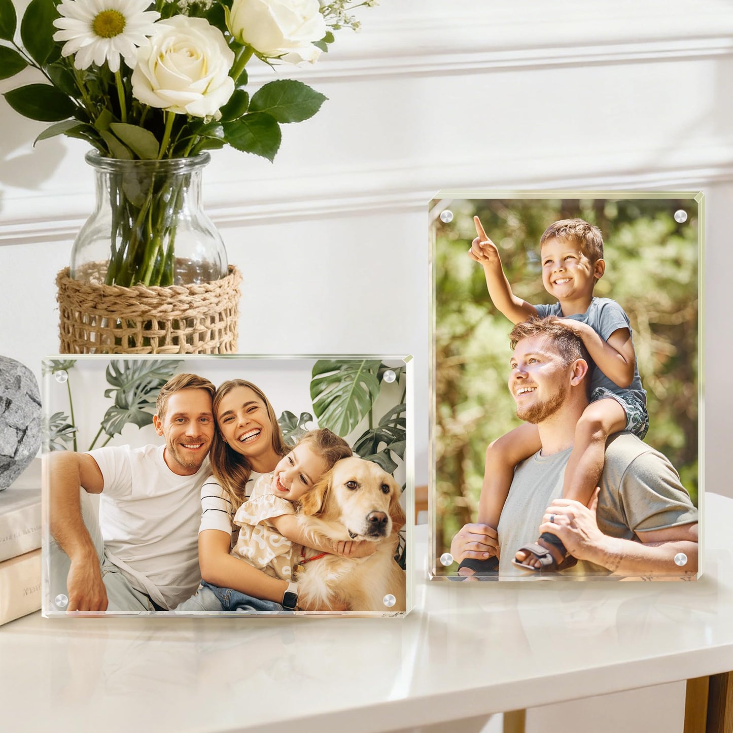 Fisnish 5x7 Acrylic Picture Frame Set of 6, 20mm Thick, Double-Sided Transparent Magnetic Frameless Photo Frame, Desktop Freestanding Display for Office or Home Decor