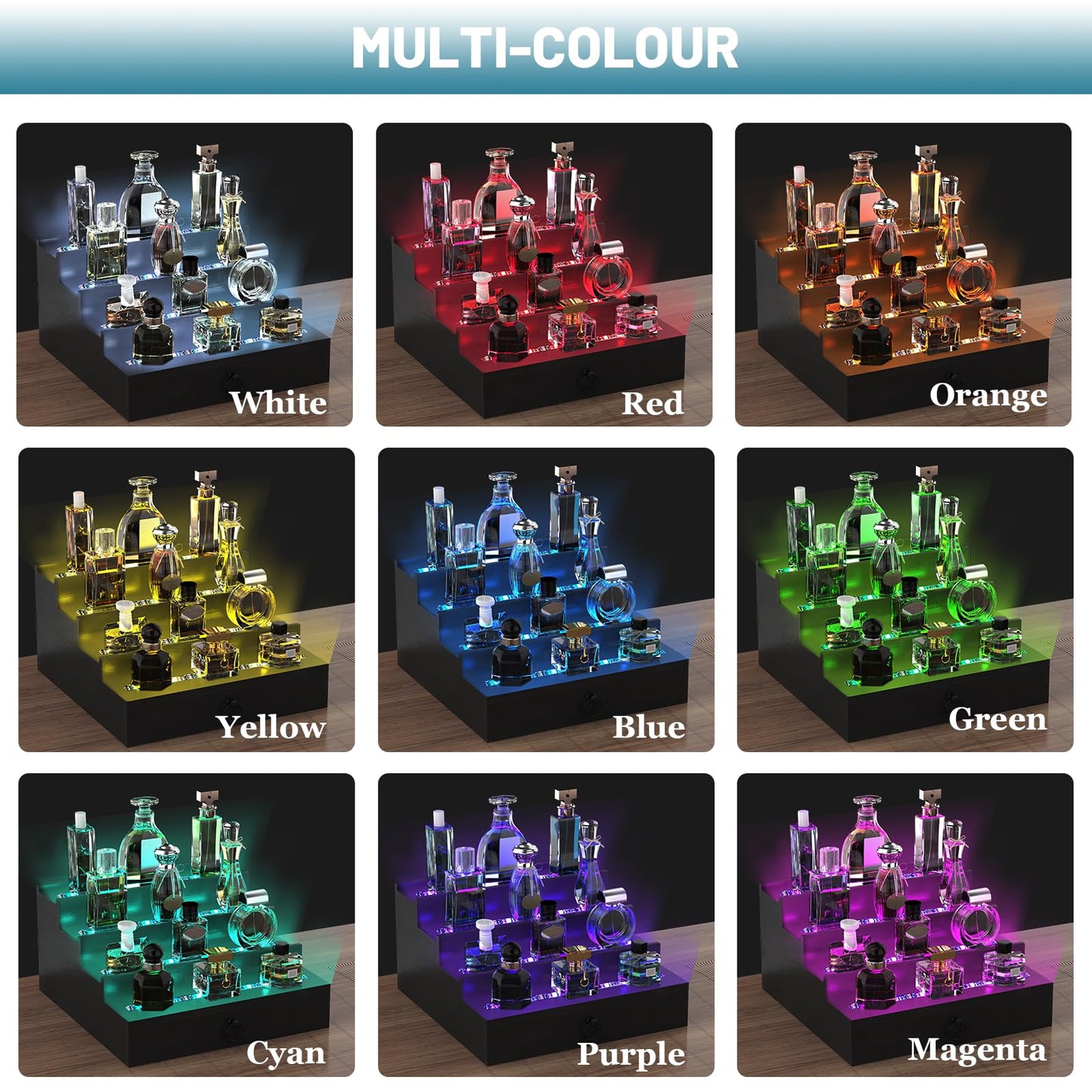 LED Lighted Cologne Organizer for Men, 4 Tier Wood Perfume Organizer with Velvet Lined Drawer, Multi Lighting Modes Perfume Display Holder with Remote Control, Cologne Shelf Stand, Nice Gift for Men