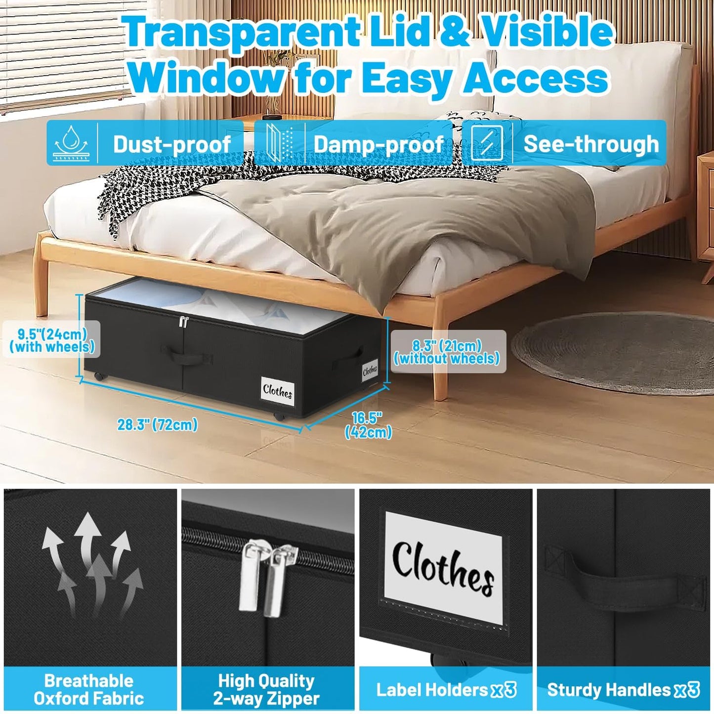 Under Bed Storage with Wheels, 2-Pack 10" Height XXL 75L Rolling Storage Bins, Quick Assembly Underbed Shoe Storage Containers with Clear Lid & Label, Dorm Under Bed Drawers for Clothes, Shoes, Black