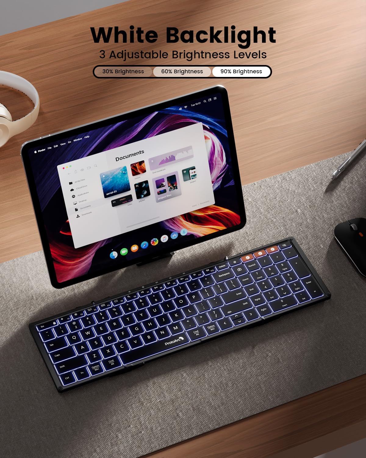 ProtoArc Backlit Foldable Keyboard, XK01 Plus Folding Portable Bluetooth Keyboard for Travel, True Full Size External Wireless Keyboard with Backlight for iPad Tablet Smartphone Laptop - Black