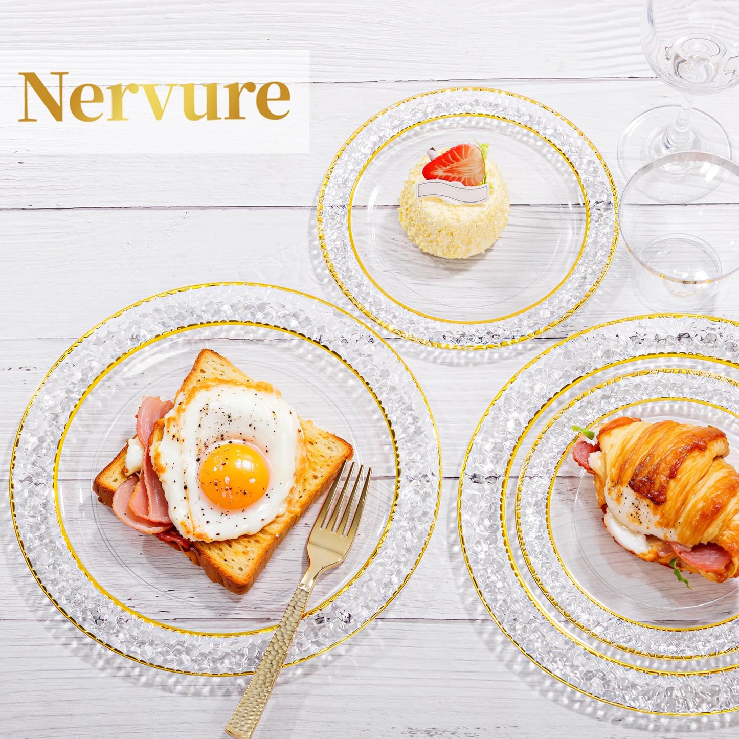 Nervure 102PCS Gold Plastic Plates - Disposable Clear Gold Party Plates Include 51PCS 10.25inch Dinner Plate & 51PCS 7.5inch Dessert Plate Perfect for Wedding & Party & Thanksgiving