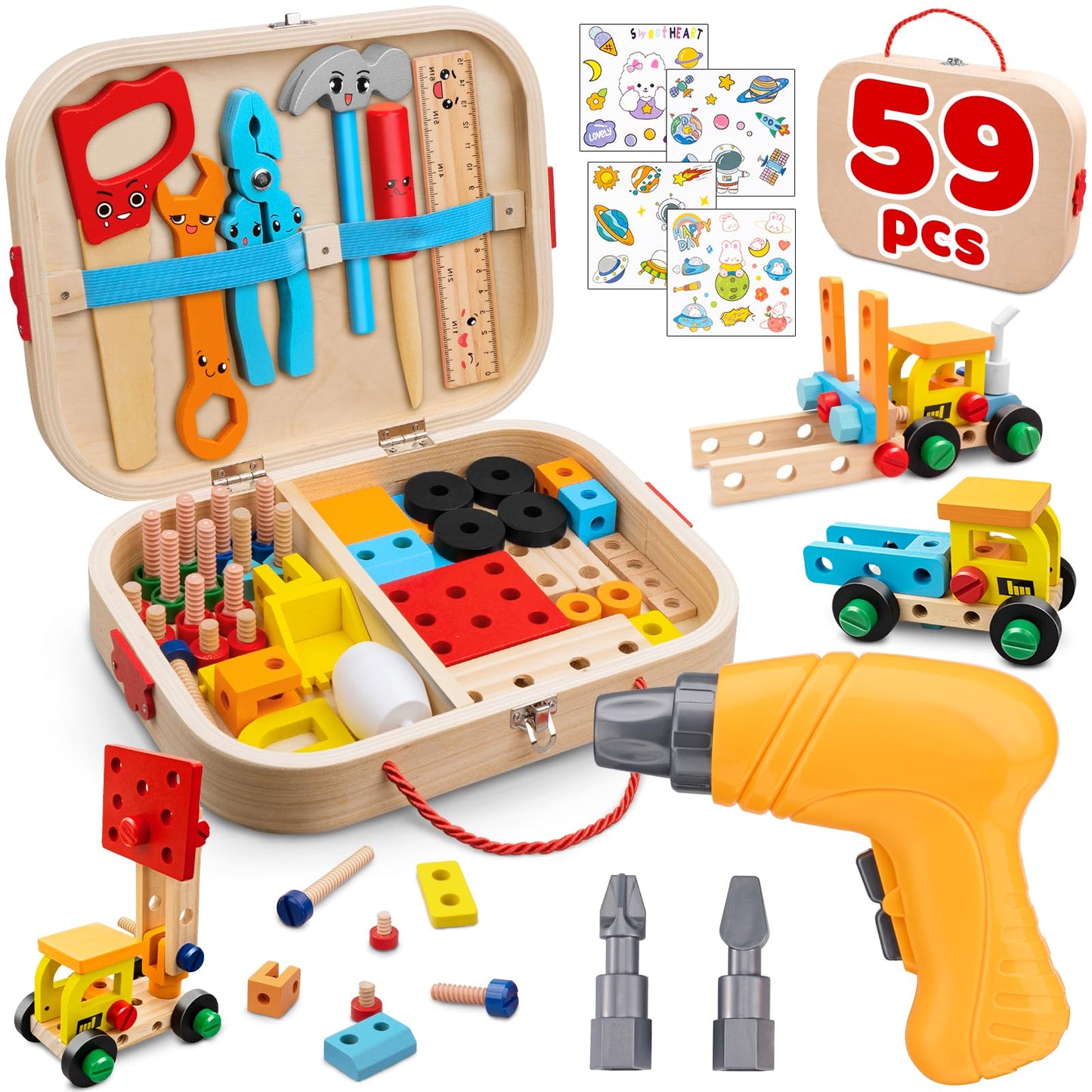 Kids Tool Set - Wooden Montessori Educational Tool Box for Toddlers with Electric Drill, 59 Pieces STEM Building Toys for Building
