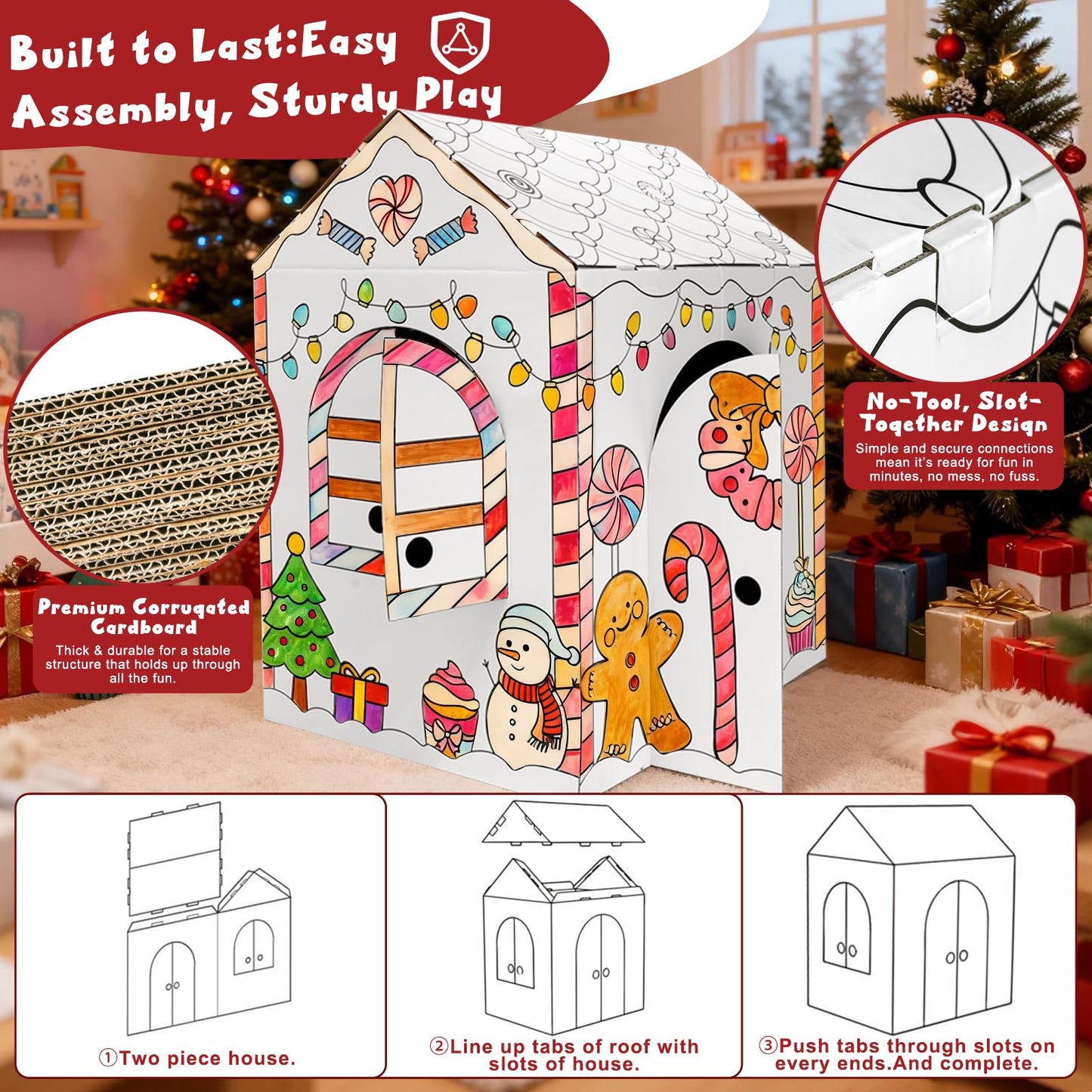 kockuu Gingerbread Cardboard House to Color for Kids Toddlers, Large Gingerbread Cardboard Coloring House Playhouse Christmas Arts & Crafts Activity Indoor Fun, 40" x 32" x 26"