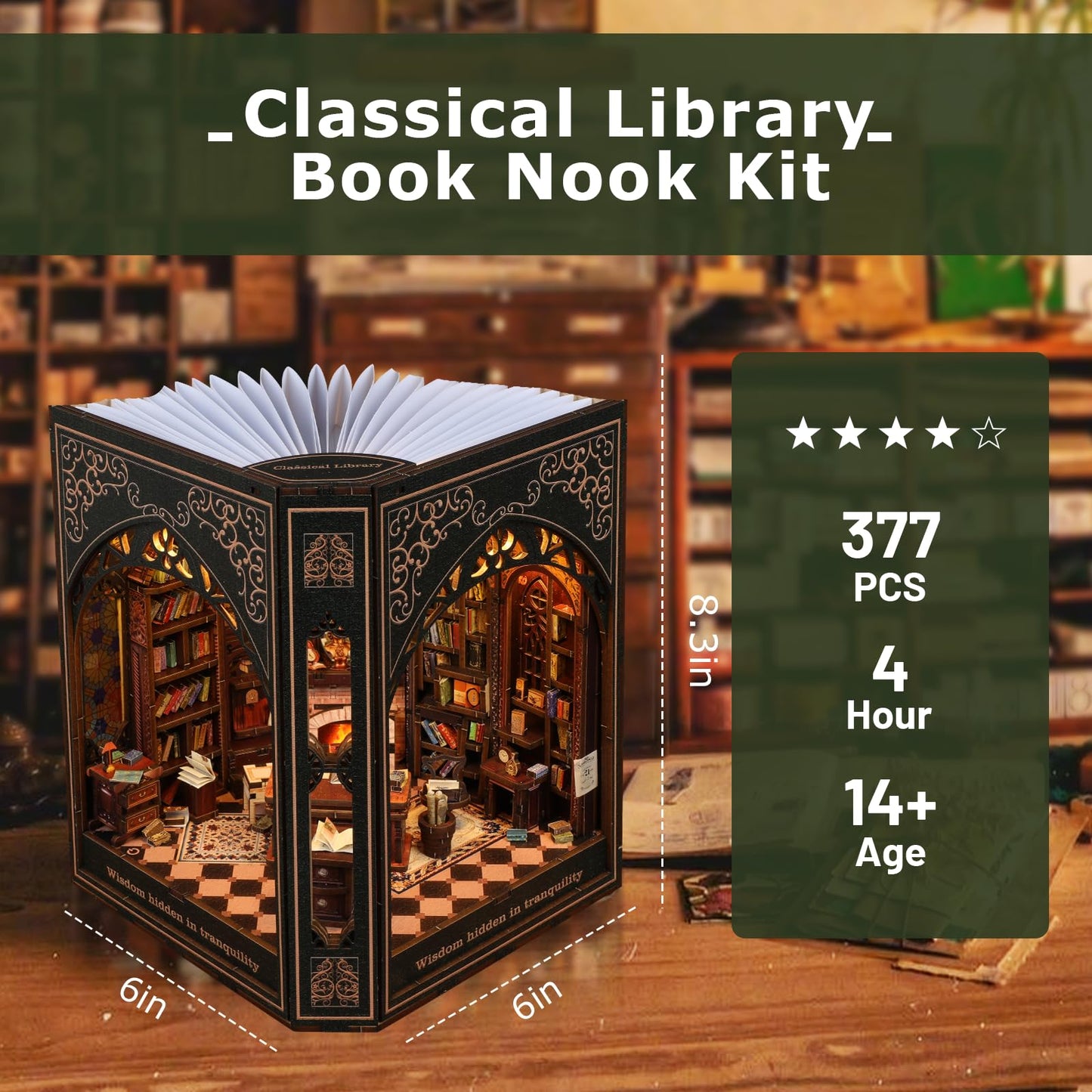 Classical Library Miniature House Kit - DIY Miniature Kit for Adults, Teens, Dollhouse Booknook Bookshelf Insert Decor with LED Light, 3D Wooden Puzzle Gifts for Family, Friends