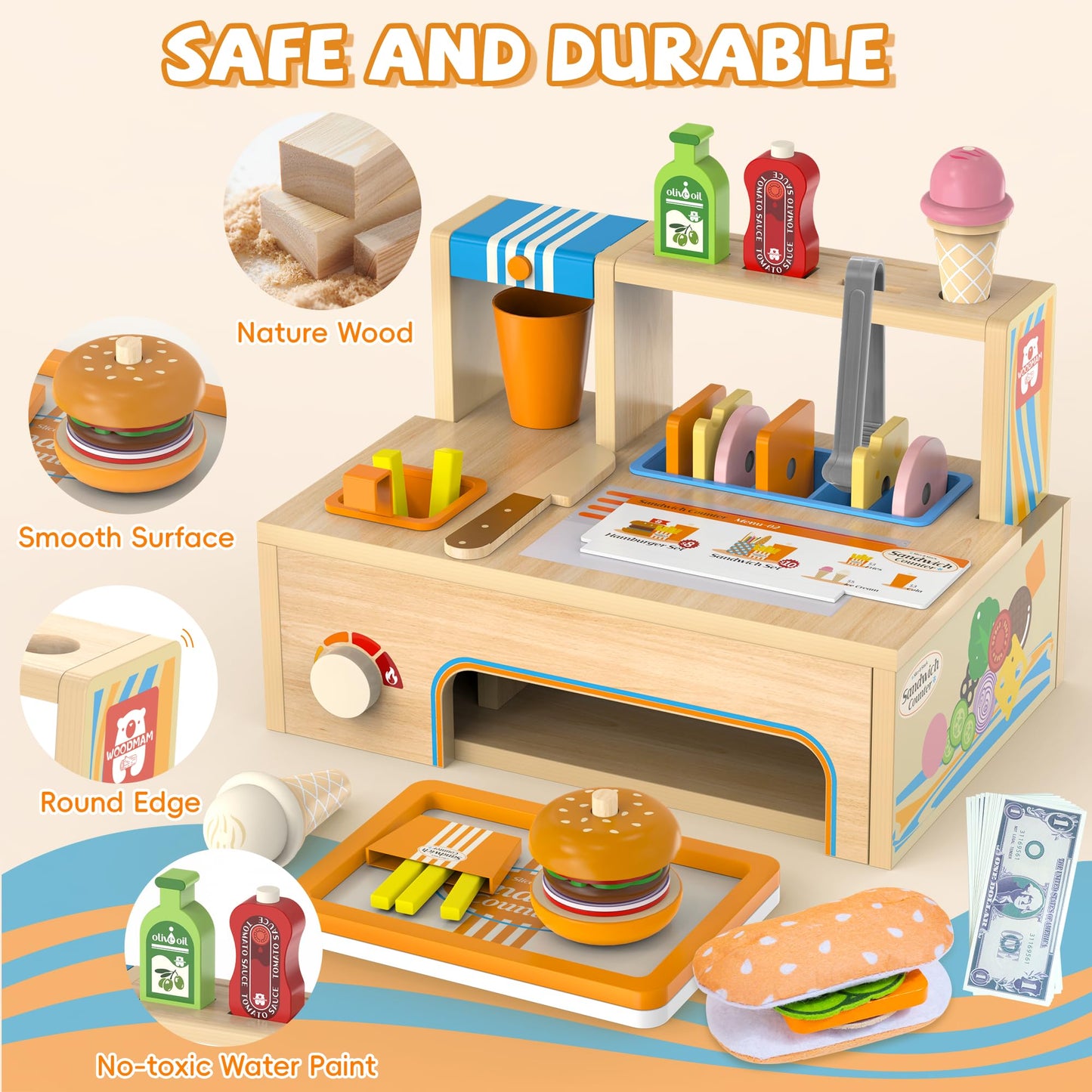 Wooden Play Food Sets Sandwich Counter, 56 Pcs Foldable Pretend Play Kitchen Food Toy with Burger, Ice Cream, Fries, Play Money & Menu, Kids Play Store Boys Girls Birthday Gift for Toddlers Ages 3+