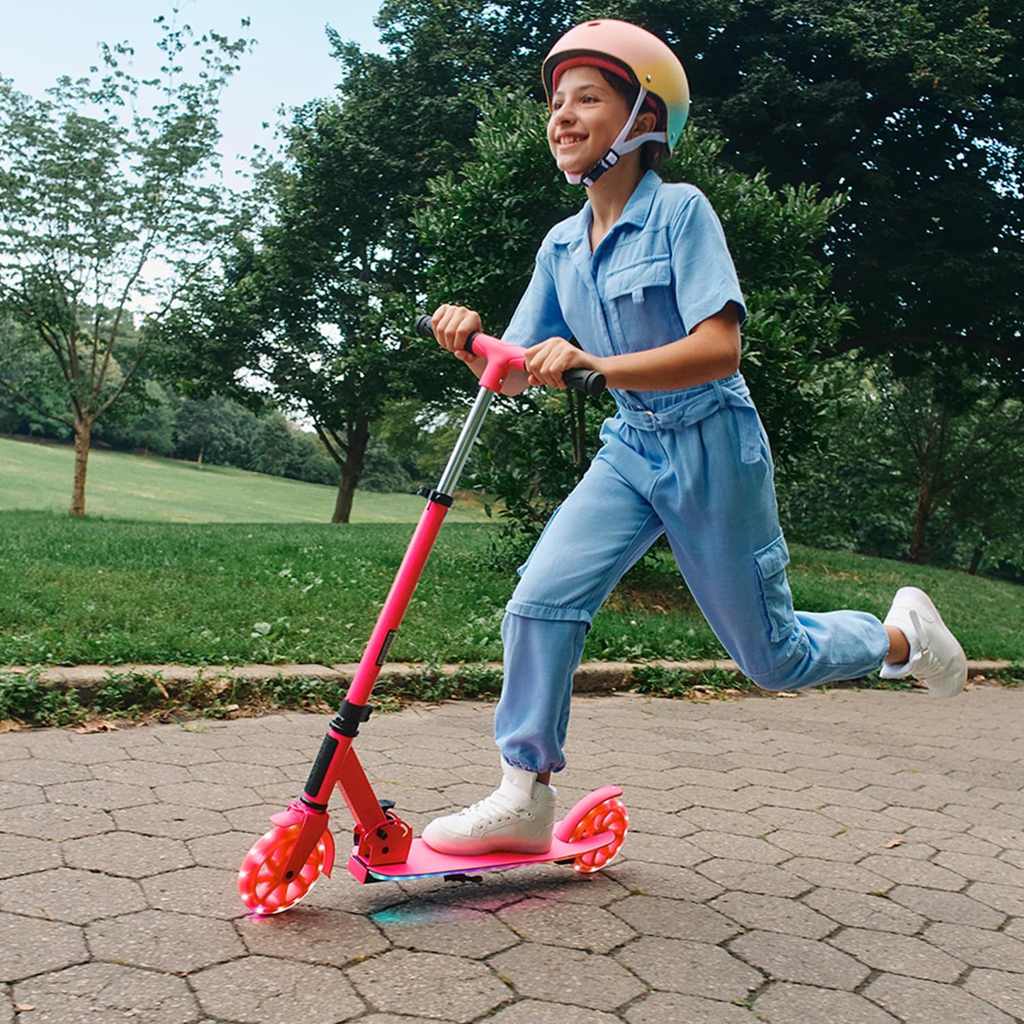 Jetson Highlight 2-Wheel Kick Scooter, Kinetic Lights on Deck and Wheels, 6 Inch Wheels, Rear Brake, Easy-Folding Mechanism, Ages 6+, Pink, JHGLT-PNK