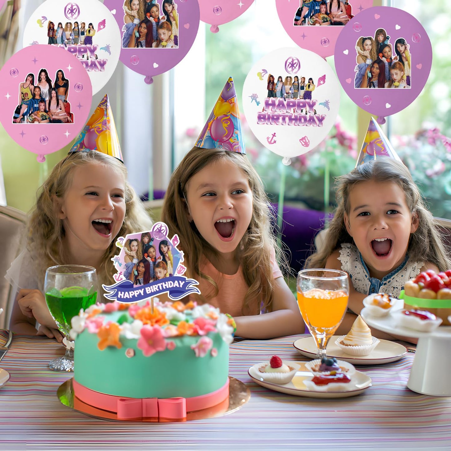 Birthday Party Decorations, Purple Pink Party Supplies Set with Happy Birthday Banner, Backdrop, Balloons, Hanging Swirls Cake Toppers and Cupcake Toppers for Fans Birthday Party
