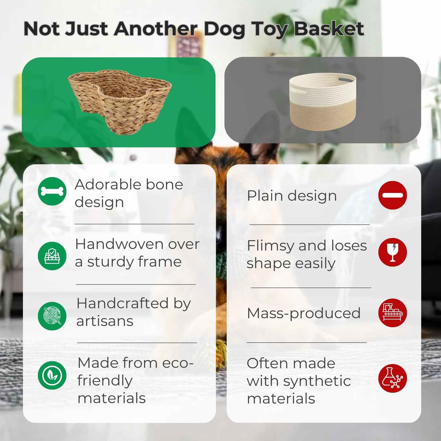 OtterPets Dog Toy Basket, Hyacinth Cat & Dog Bone Shaped Basket, Wicker Pet Toy Bin Organizer, Dog Toy Storage (17x13 Hyacinth)