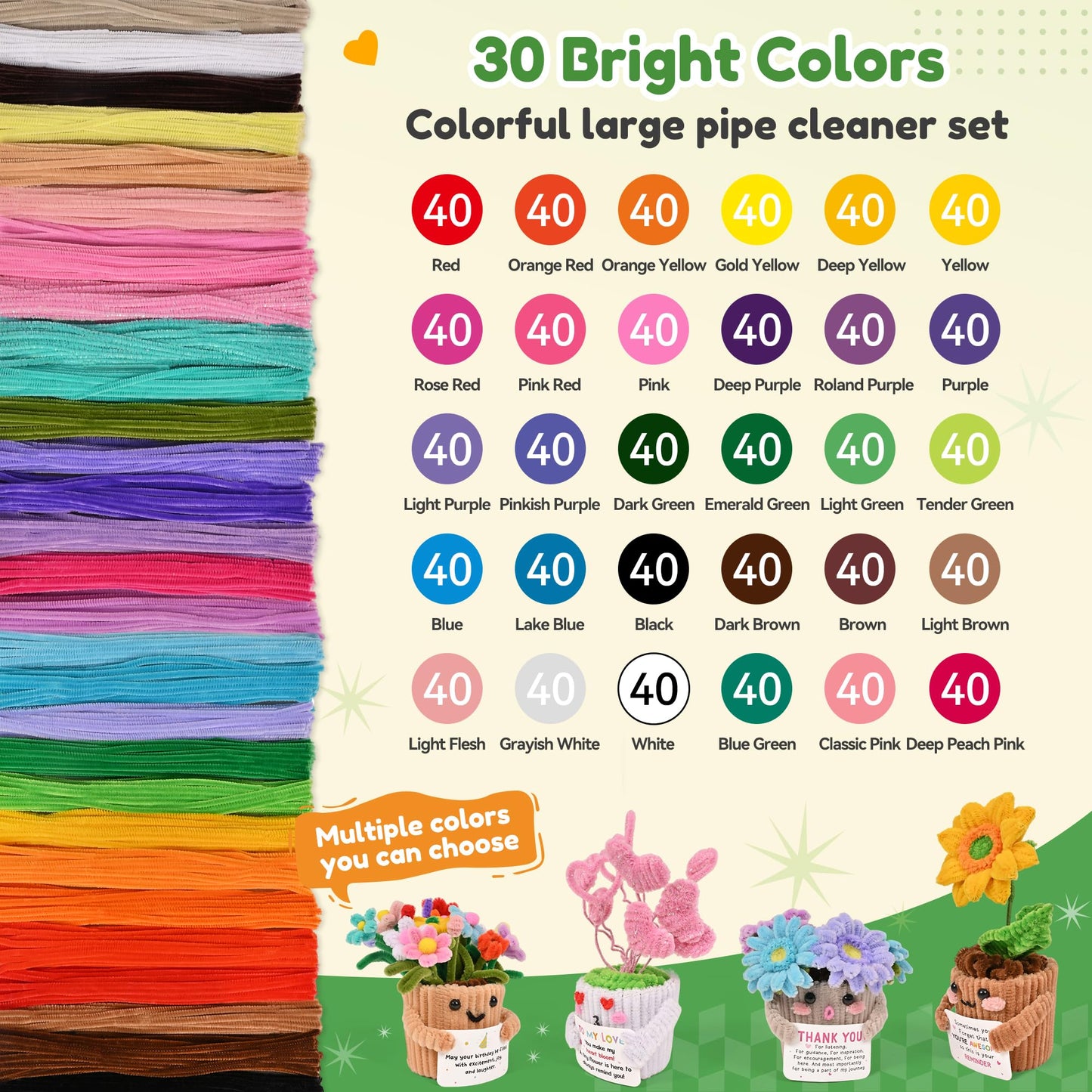 POMBUDS 1300 pcs Pipe Cleaners Crafts kit, 13 Colors, Potted Plants