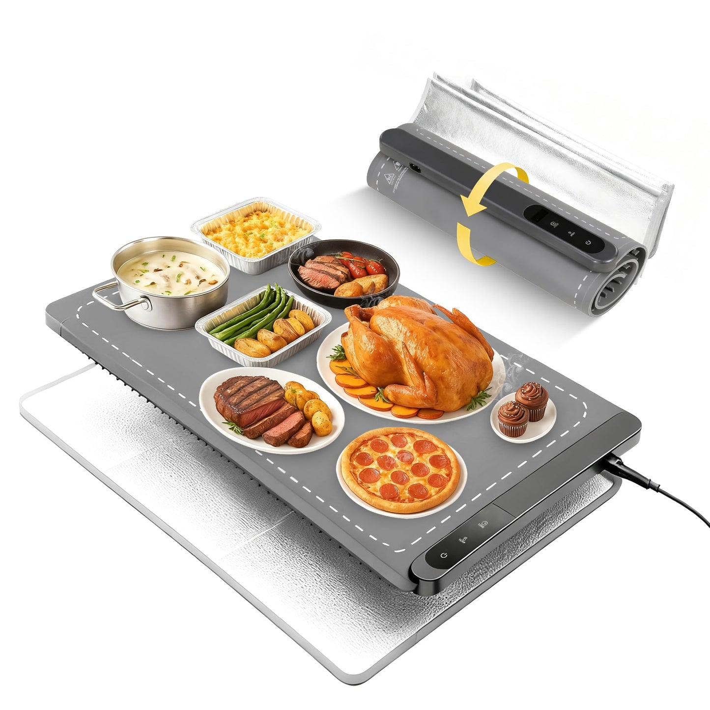 Graphene Large Food Warming Mat 500W 24"x16" with Insulation Pad for Countertop, Chafing Dishes for Buffet, Food Warmers for Parties, Hot Pads for Kitchen, Portable Heating Pad, Custom Setting, Grey