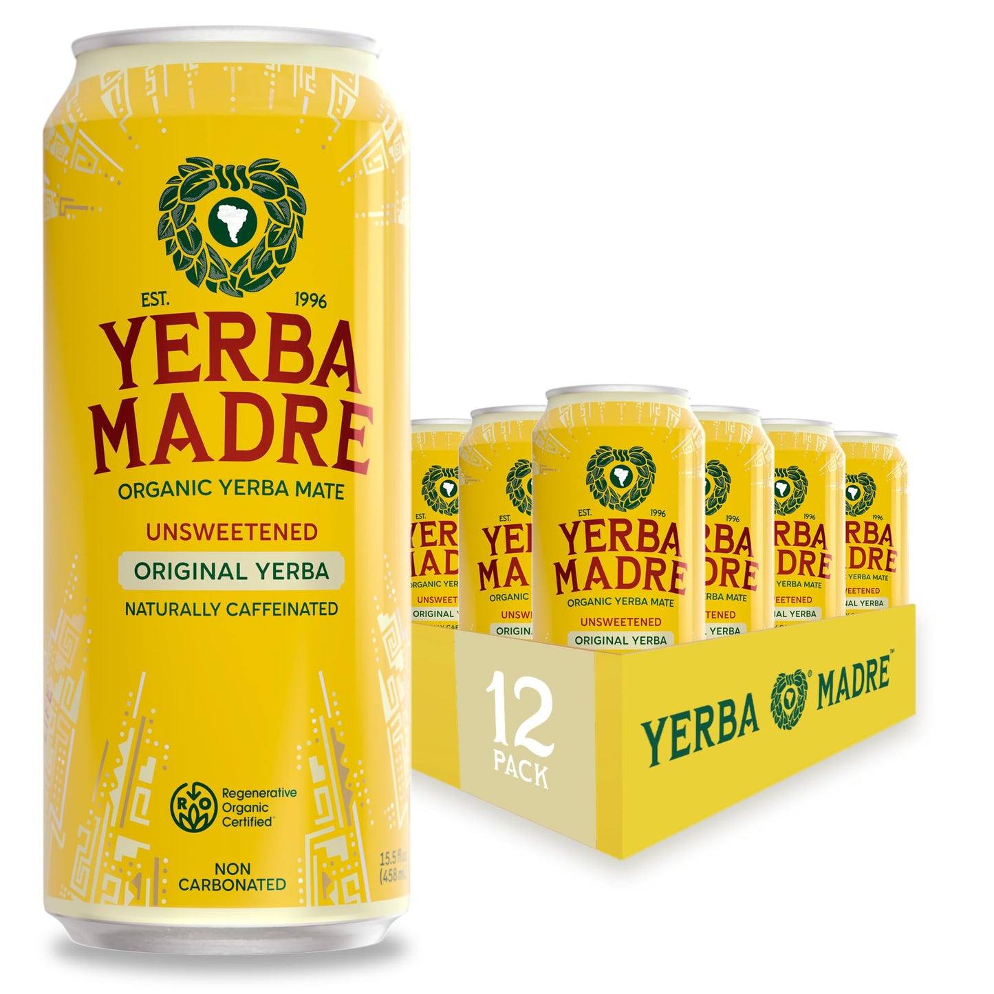 Yerba Madre Organic Yerba Mate, Energy Drink Alternative, Unsweetened Original Yerba, 150mg Plant Based Caffeine, Smooth Energy & Focus, No Jitters or Crash, 15.5oz Cans (Pack of 12)