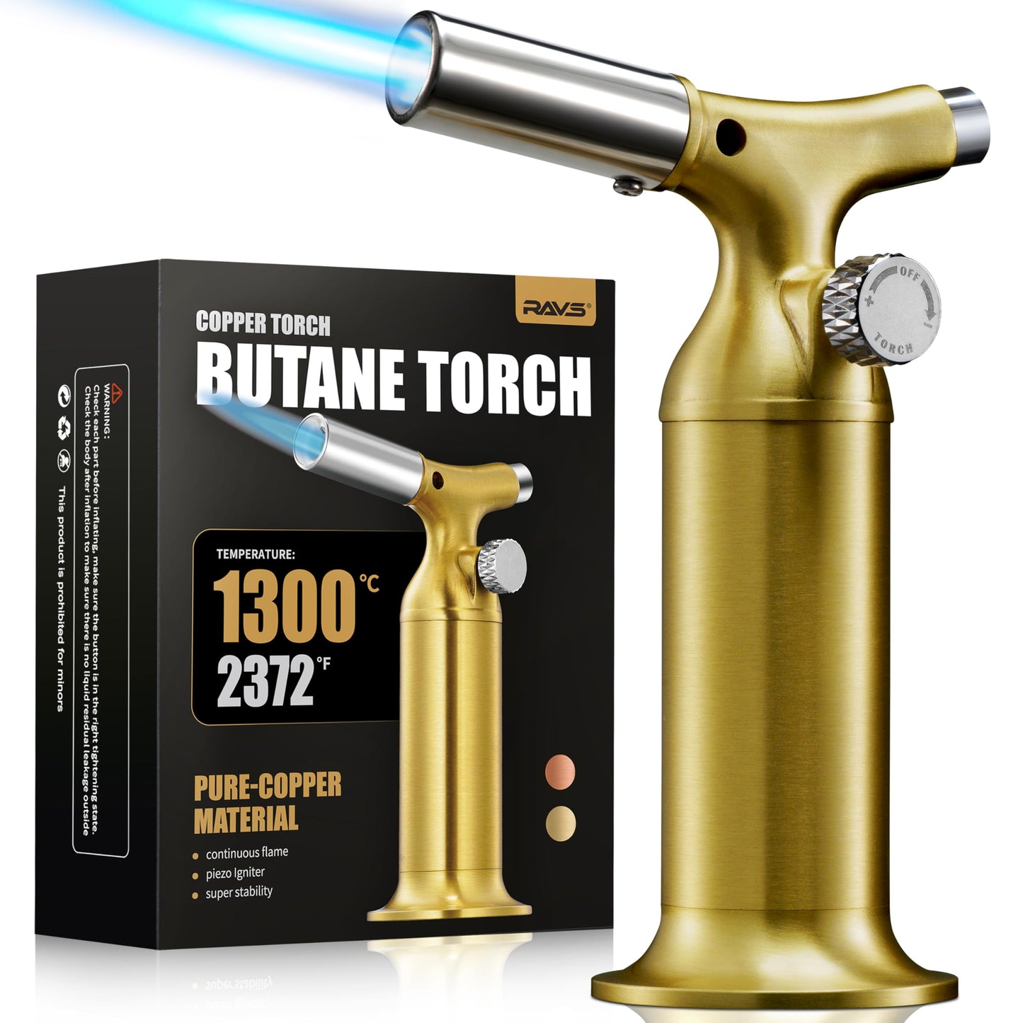 RAVS Butane Torch Lighter with Solid Copper Design, Kitchen Torch Lighter with Adjustable Flame, Refillable Creme Brulee Torch for Cooking, Soldering, Birthday Gifts for Men Women, Butane Not Included