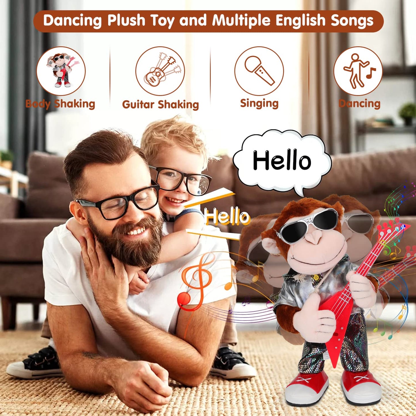 SWTOIPIG Dancing Monkey Plush Toy, Dancing Singing Stuffed Toy, Punk Shaped with Guitar, One Button Control, Educational Toy for Kids, Musical Intelligence Development