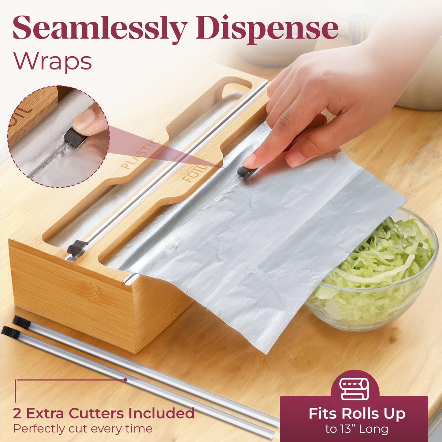 YOLYN Bamboo Food Storage Bag Organizer for Drawer with Foil & Plastic Wrap Dispenser – 4 in 1 Premium Kitchen Drawer Organizer for Gallon, Quart & Sandwich Bags