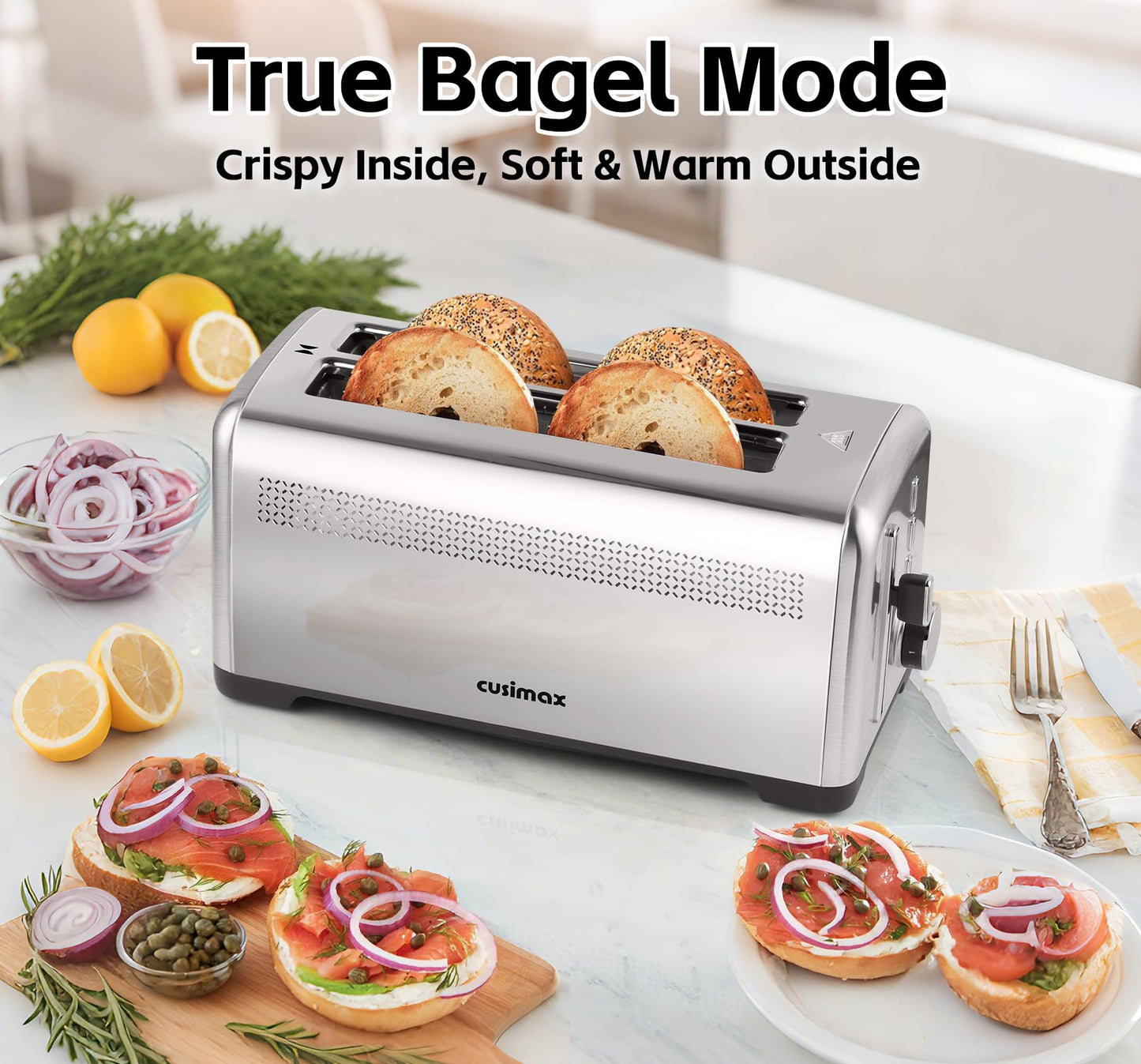 4 Slice Toaster, CUSIMAX Extra-Long Slots for Artisan Bread, Quick Glance Function, 9 Shade Settings, Bagel/Defrost/Cancel Functions, Removable Crumb Tray, Cool-Touch Stainless Steel Body