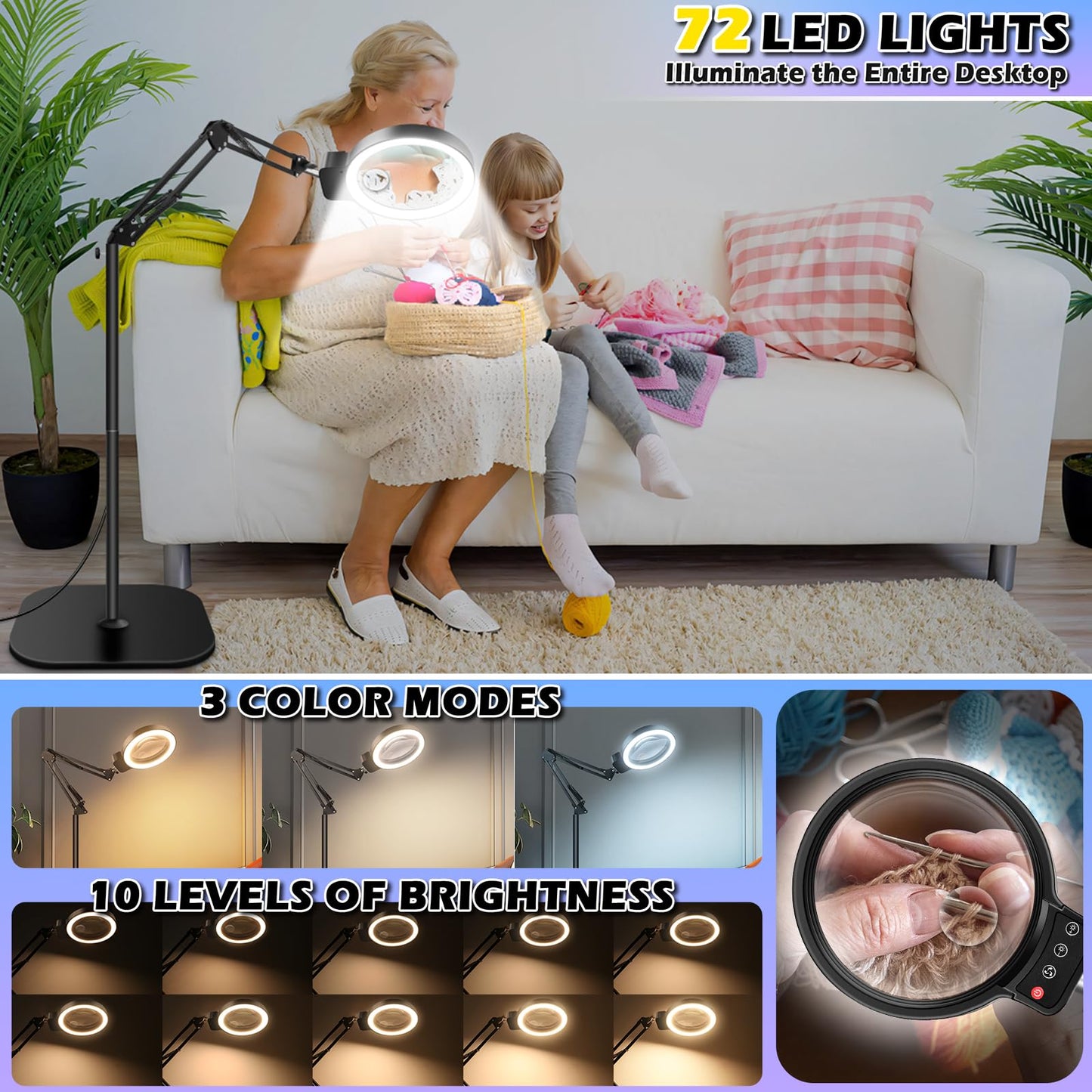 30X 10X Large Floor Magnifying Glass with Light and Stand,72 LED Adjustable Height Floor Magnifying Lamp,2 in 1 Lighted Magnifiers for Close Work, Sewing,Crafts,Hobbies,Reading (Black)