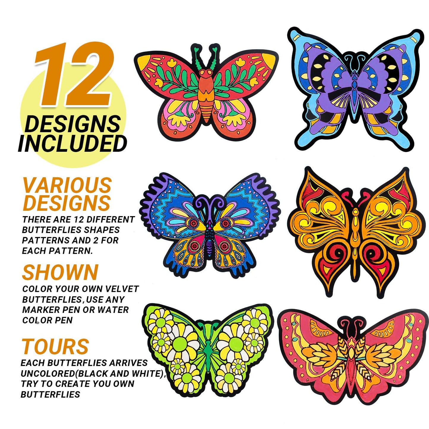 Bosctanuc 48 PCS Butterflies Velvet Coloring Cardstock - No-Mess Fuzzy Art Coloring Kit for Kids & Adults,Stress-Relief Craft Set for Classroom, Mother's Day Handmade Gifts & Spring Party Supplies