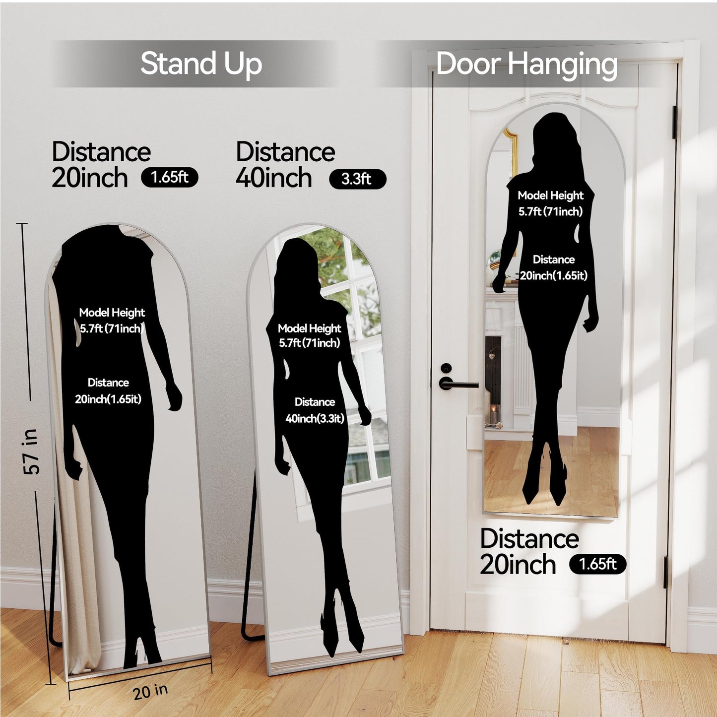 SCWF-GZ 57x20 Door Hanging Full Length Mirror, Floor (Height 5.7ft just Body in1.3ft) or Wall Mounted Metal Frame Arch Dressing Mirrors for Bedroom Bathroom Living Room 57 20 inch Silver