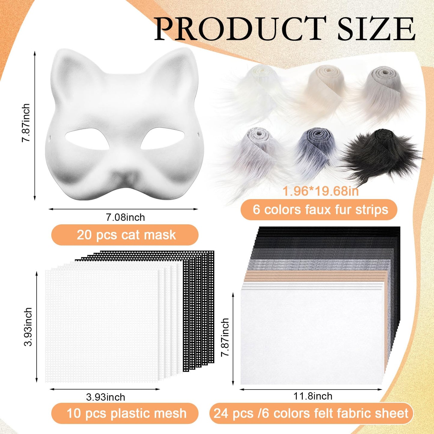 Seenelling 60 Pcs DIY Therian Mask Kit Blank Cat Mask with Felt Fabric Sheet Plush Faux Fur Eye Mesh for Therian Gear Stuff
