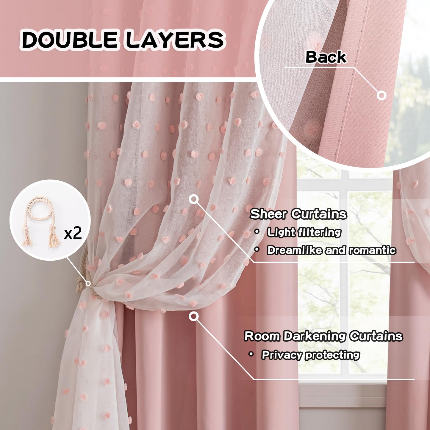 MYSKY HOME Pink Curtains for Girls Bedroom Pom Pom Sheer Curtain 63 Inches Length Thermal Insulated Nursery Blackout Curtains Room Darkening Short Kitchen Drapes Grommet, 52 x 63 in, 2 Panels
