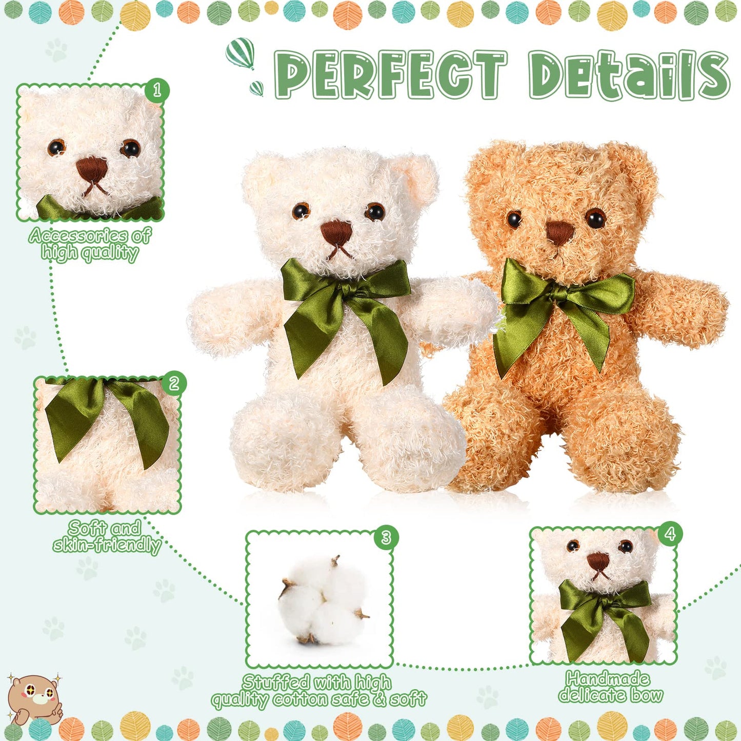 HyDren 15 Pieces Plush Stuffed Bears 10 Inch Cute Soft Stuffed Animal Bear Toy with Bow Tie for Graduation Baby Shower Birthday Party Gift Favors(Golden, Brown, White)