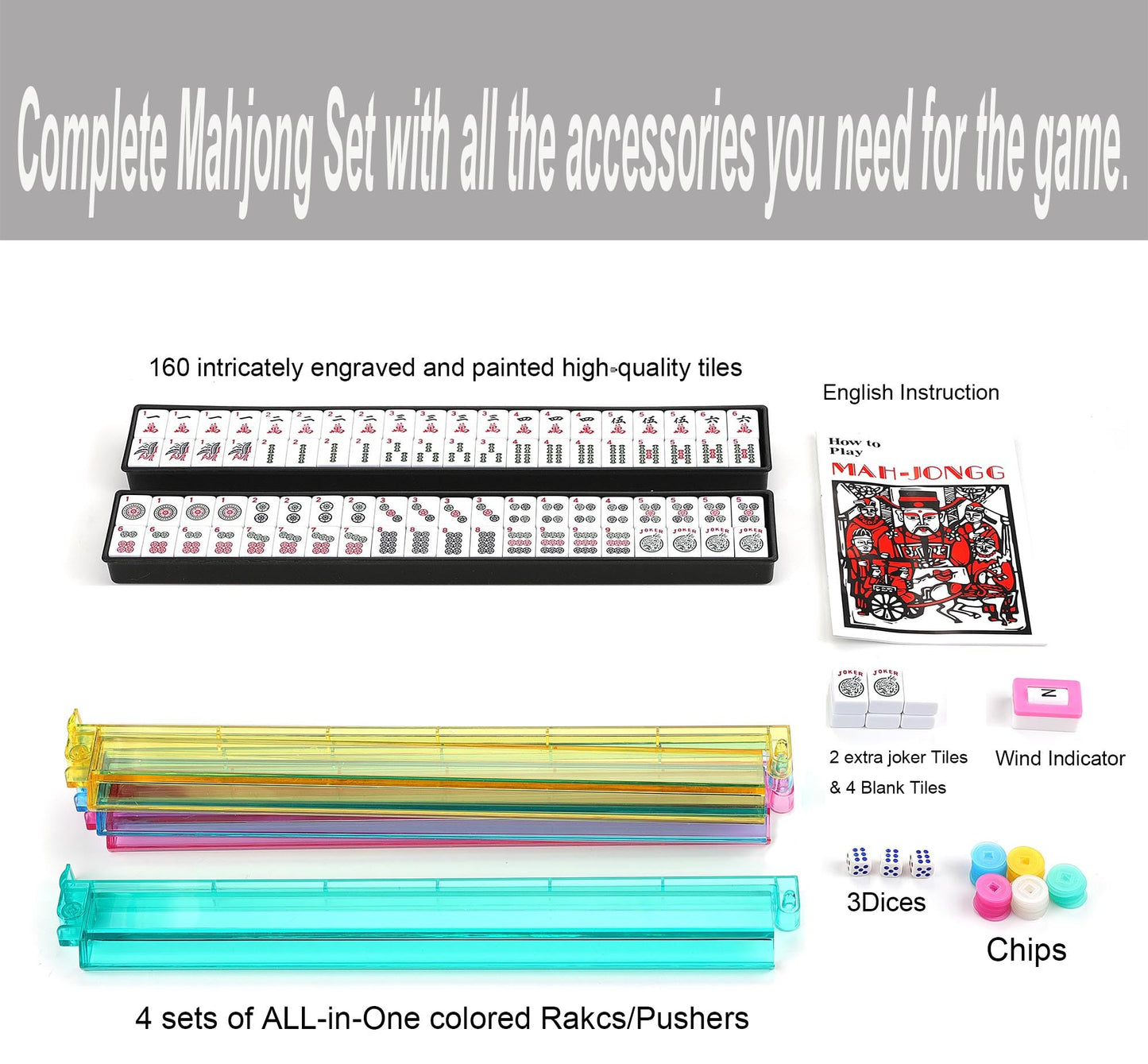 American Mahjong Game Set - Pearl Gray Quilted Soft Bag - 166 White Engraved Tiles, 4 All-in-One Rack/Pushers Complete Western Mah-Jongg, Maj Jongg, Ma Jong Set