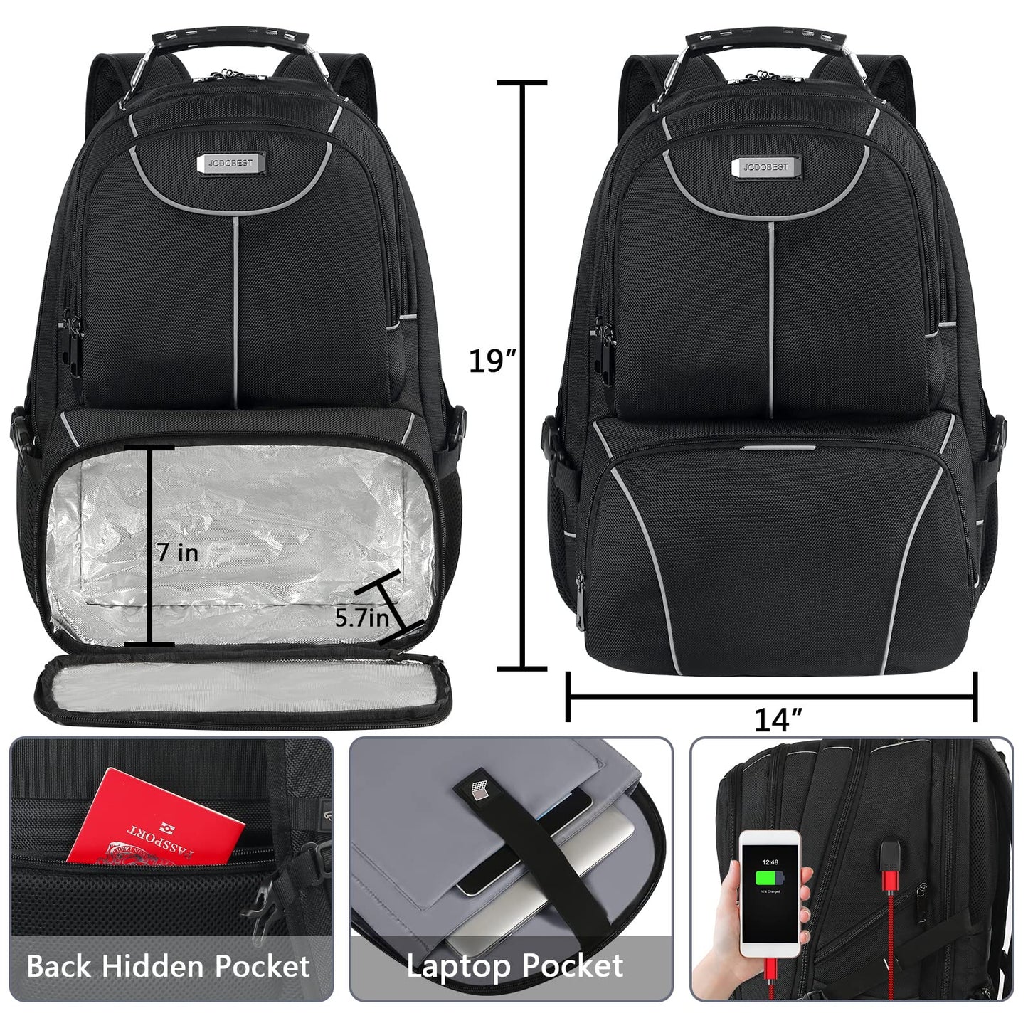 VECKUSON Lunch Bag Backpack, Insulated Cooler Lunch Box Backpack, Extra Large Travel Laptop Backpack TSA Friendly RFID Computer College bag with USB Port for Women Men Fits 17.3 Inch Laptop