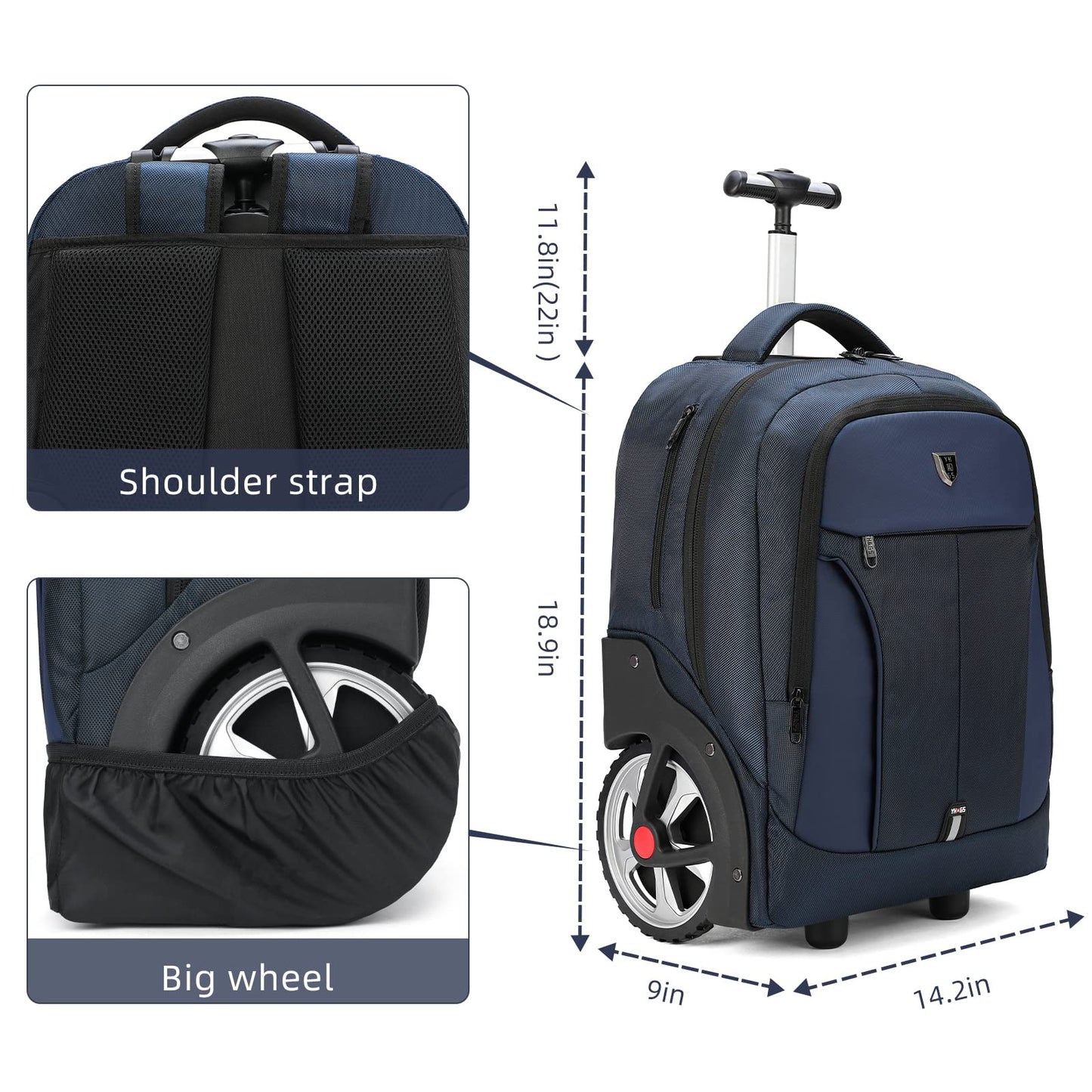 Rolling Backpack, Waterproof Backpack with Wheels for Business, Travel Commuter, Carry on Backpack with Laptop Compartment, Fit 15.6 Inch Laptop, Wheeled Backpack for Adults Women Men (Blue, 20inch)