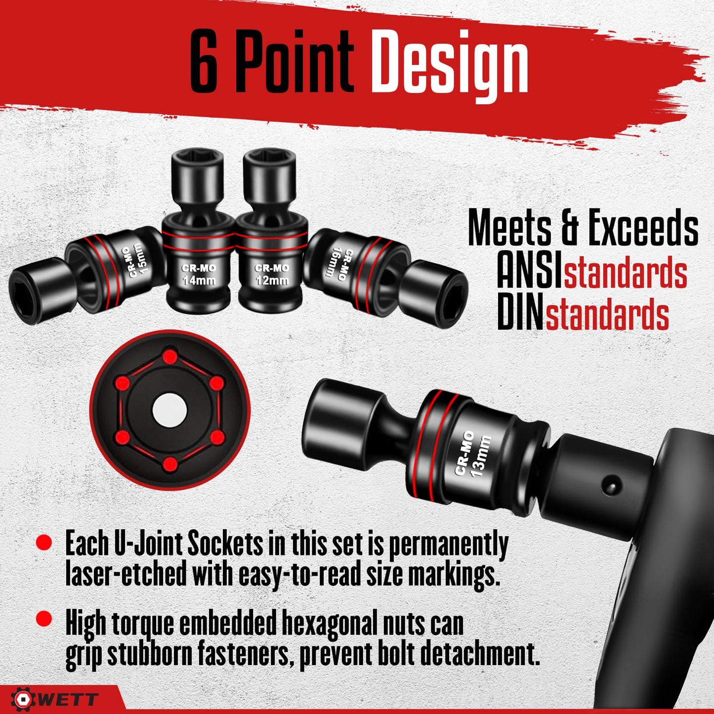 WETT 18-Piece 1/2" Drive Shallow Impact Universal Joint Socket Set, Metric Swivel Socket Set (10-24mm), Flexible Wobble Sockets with 3", 6" Extension Bar, Adapter, 6 Point, CR-MO Steel