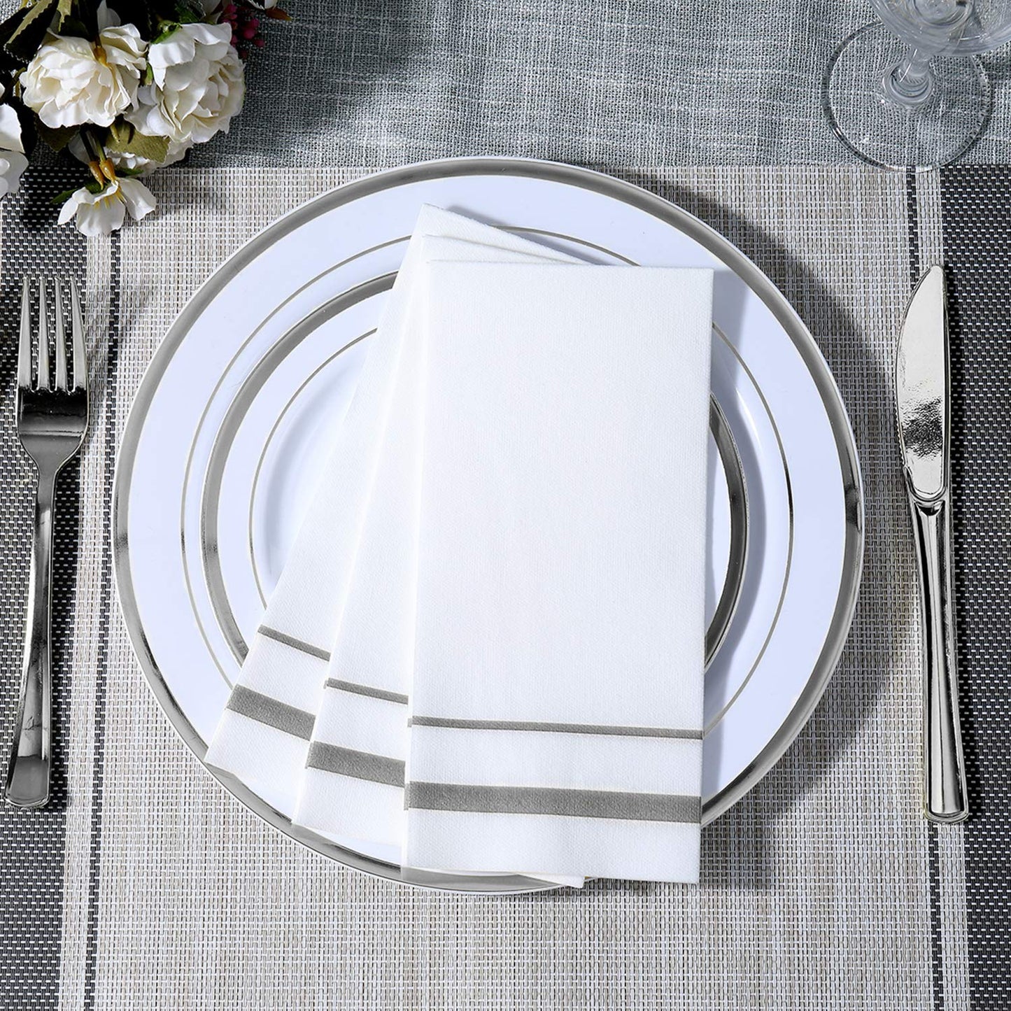 FOCUSLINE 200 Linen Feel Disposable Bathroom Napkins, Soft and Absorbent Paper Guest Towels, Cloth-Like Hand Towels Decorative Paper Napkins for Parties, Weddings, Dinners or Events, Silver, 12" x 17"