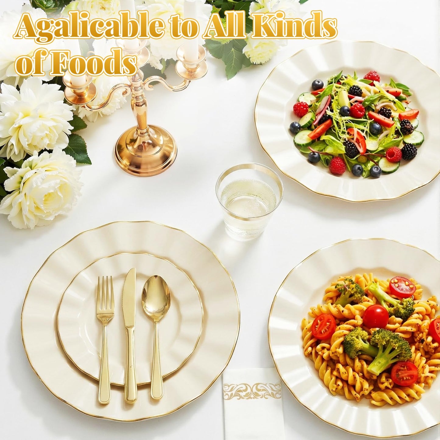 175 Piece Plastic Dinnerware Set Disposable Dinnerware Set for 25 Guests Include 50 Plastic Plates 25 Silverware Set 25 Cups and 25 Napkins for Father's Day Party Wedding Birthday（White and Gold）