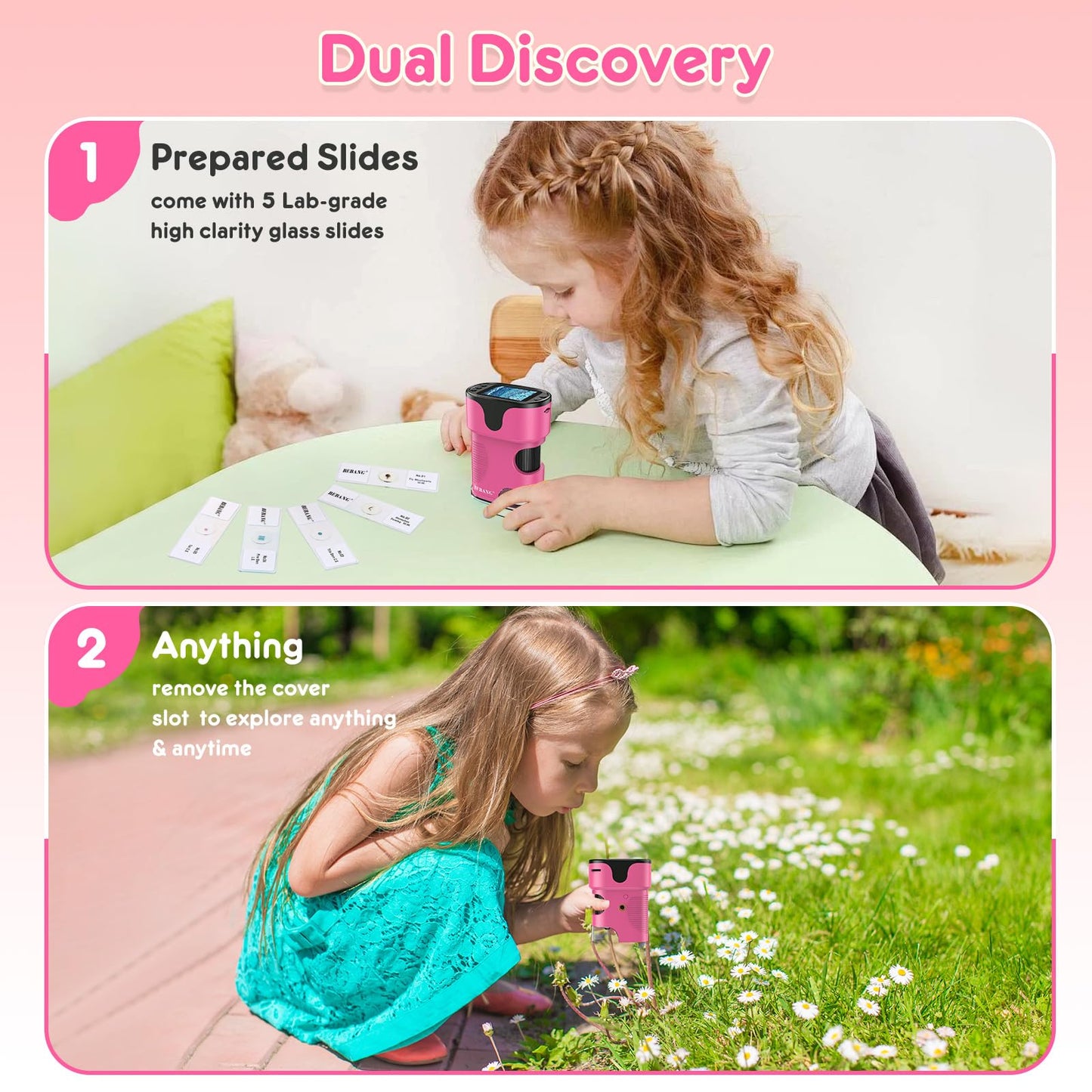 1000X Handheld Microscope for Kids 4K 2.0" Screen Rechargeable Mini Pocket Digital Microscopes w/Slides Kit Portable Edu Gift Age 4-6 8-12 Children Students (Pink)