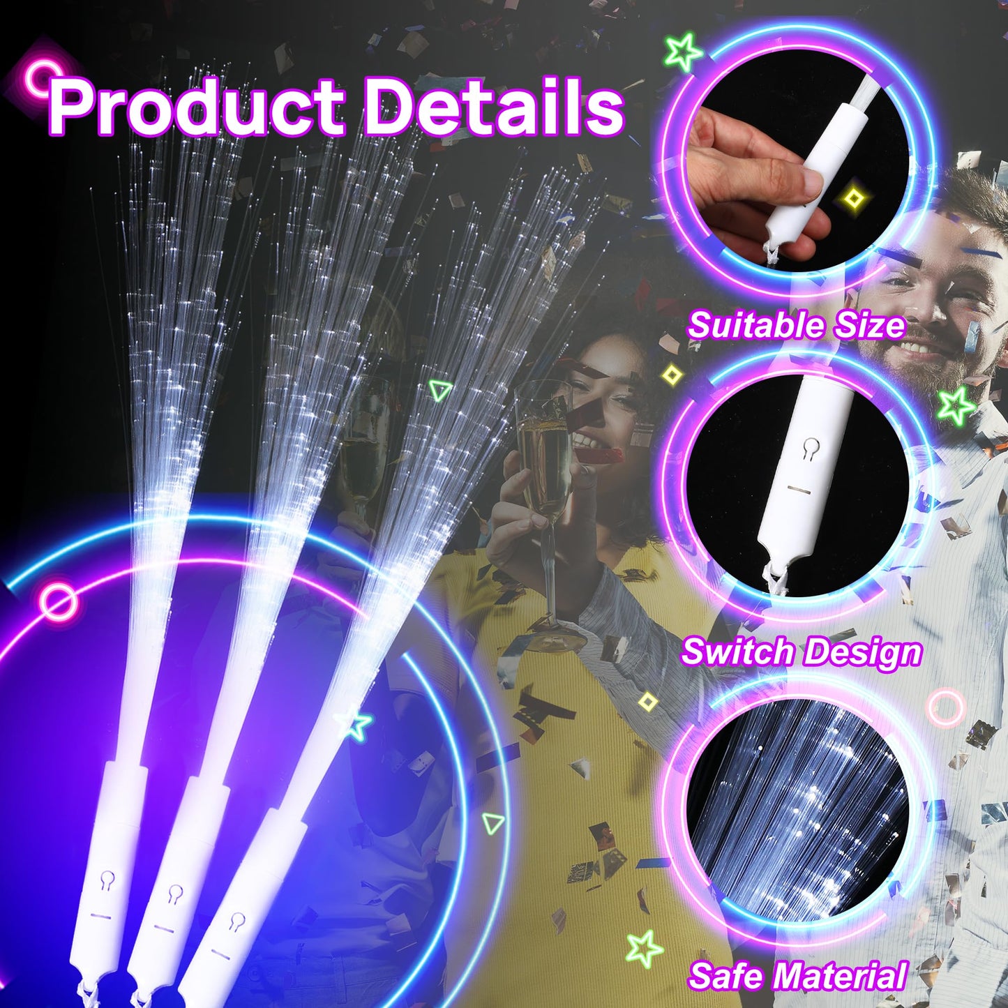 miikoul 64 Pcs Fiber Optic Wands White Glow Sticks LED Wedding Wand Light up Party Favor Sticks Flashing Wands with 3 Light Modes for neon Party Wedding Baby Shower Birthday Party Supplies