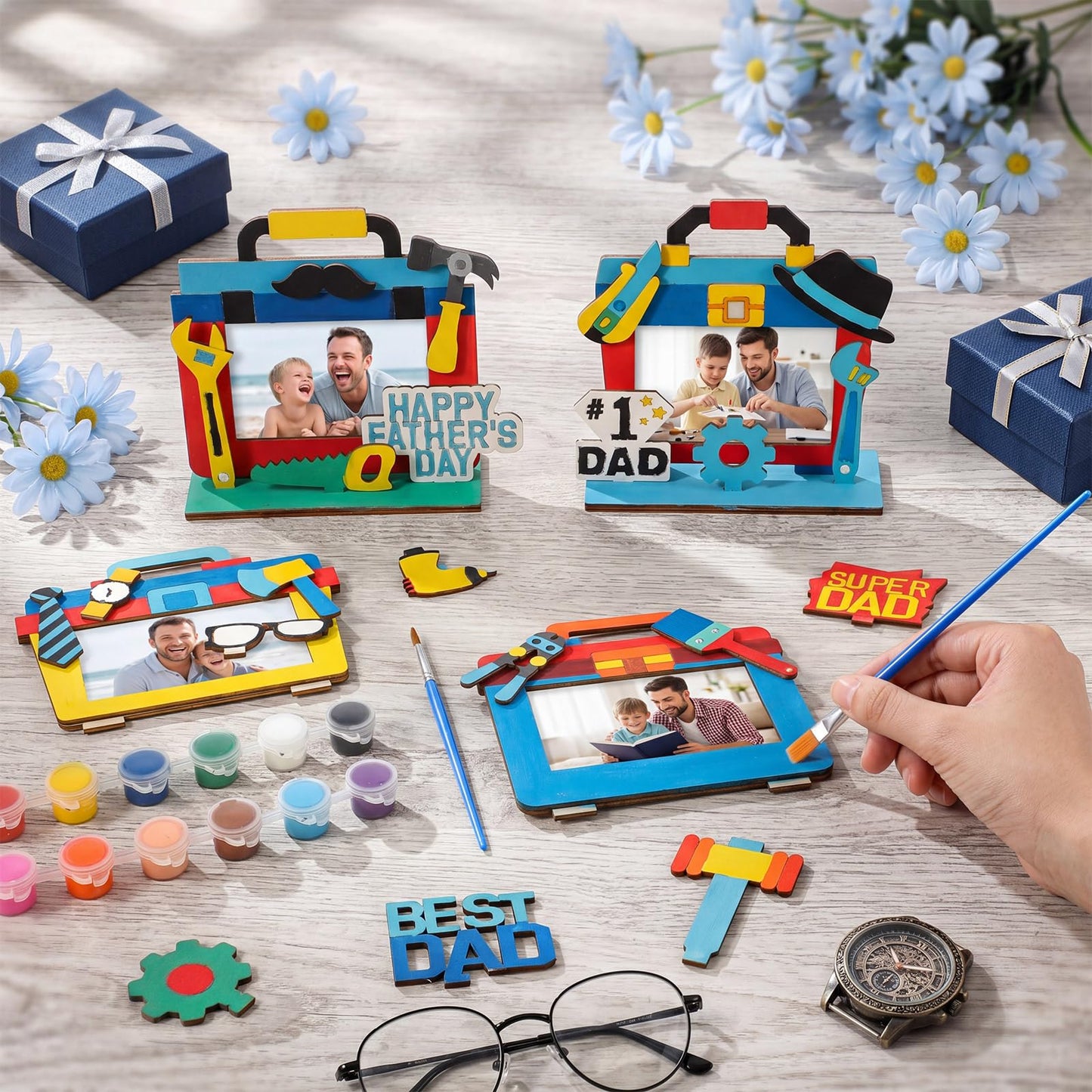 DoubleFill 12 Sets Father's Day Crafts Kit DIY Picture Frames with Paints Small Wooden Signs Color Your Own Wood Frame Gifts for Father's Day Activities Craft Project