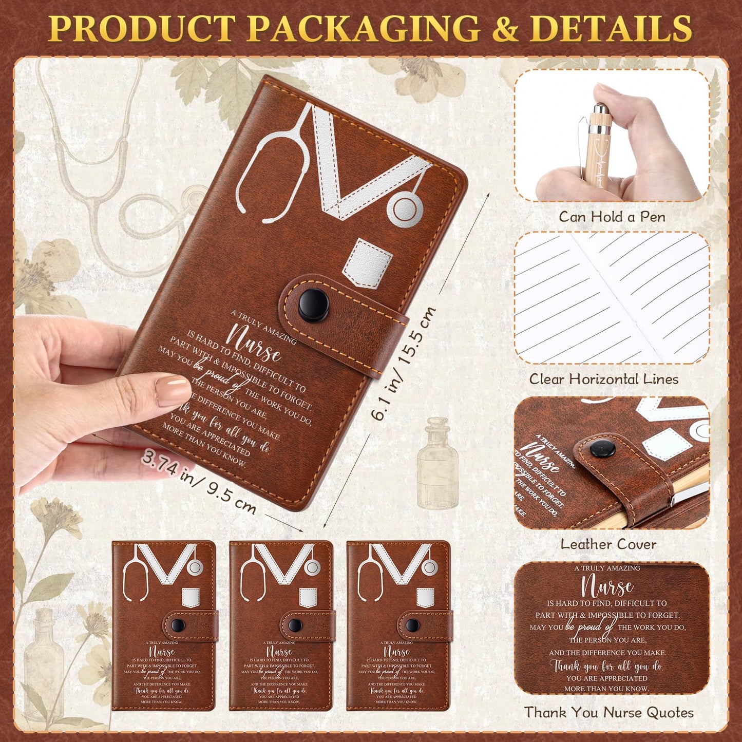 Spiareal 20 Sets Cna Week Gift for Nursing Graduation, Pinning Ceremony Gifts, 3.74 x 6.1 Inches Inspirational Hardcover Notebook with Bamboo Pen for Nurse RN LPN CNA (Brown)