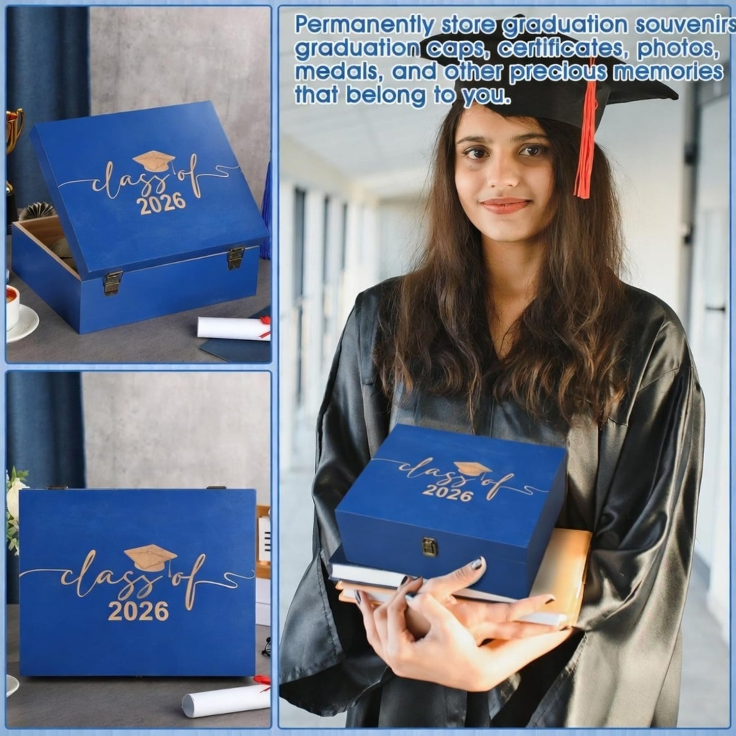 Geelin Graduation Keepsake Wooden Box Class of 2026 Graduation Cap Large Keepsake Box Graduate Wooden Engraving Memento Case for High School College Memory Gifts 13 x 10.5X 5inch(Blue)