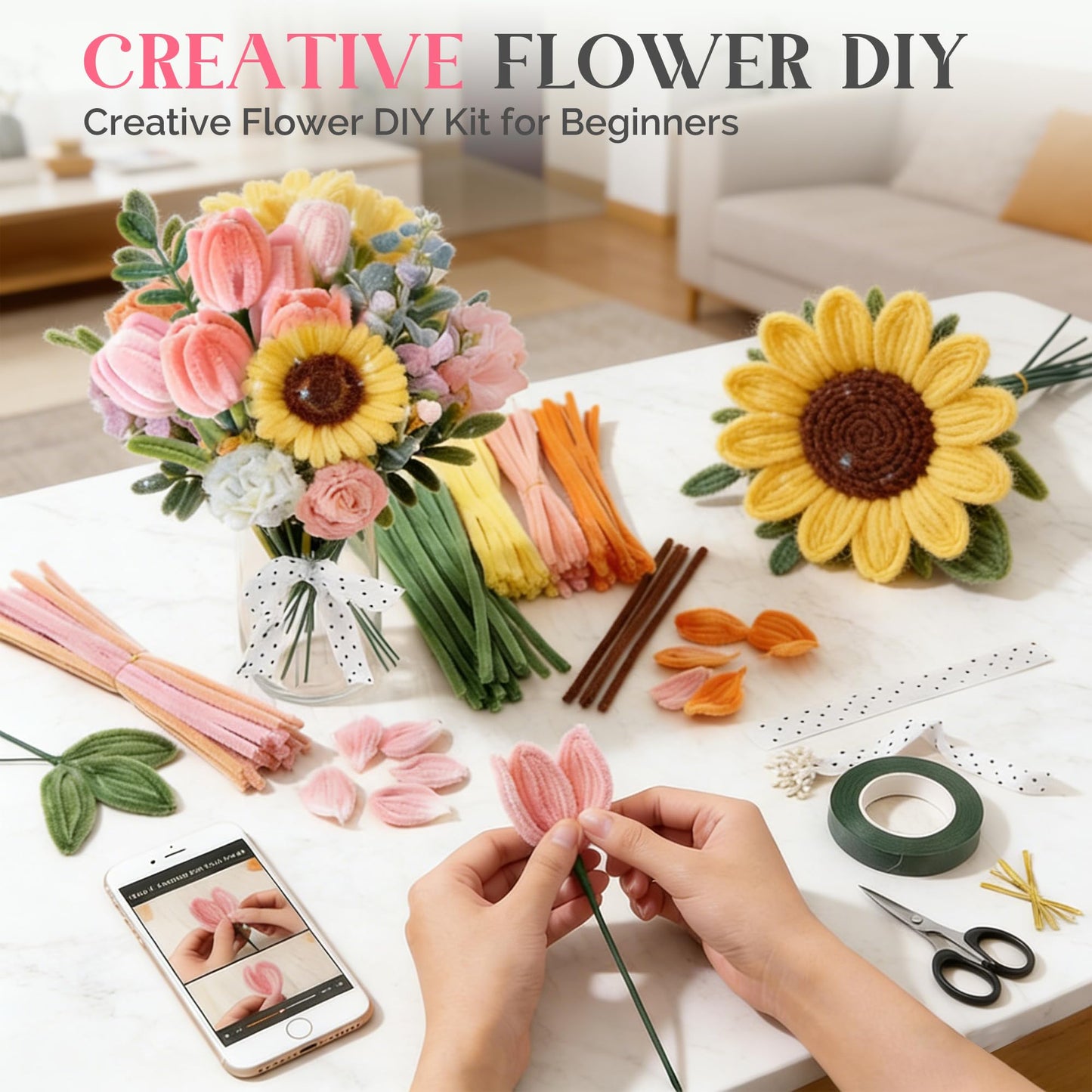 700 Pieces Pipe Cleaner Flower Kit, 12 Colors Chenille Stems Craft Kit with Floral Wire, Tape, Stamen, Ribbon, Pearls & Wrapping Paper, DIY Pipe Cleaner Flowers for Crafts, Gifts, School Projects