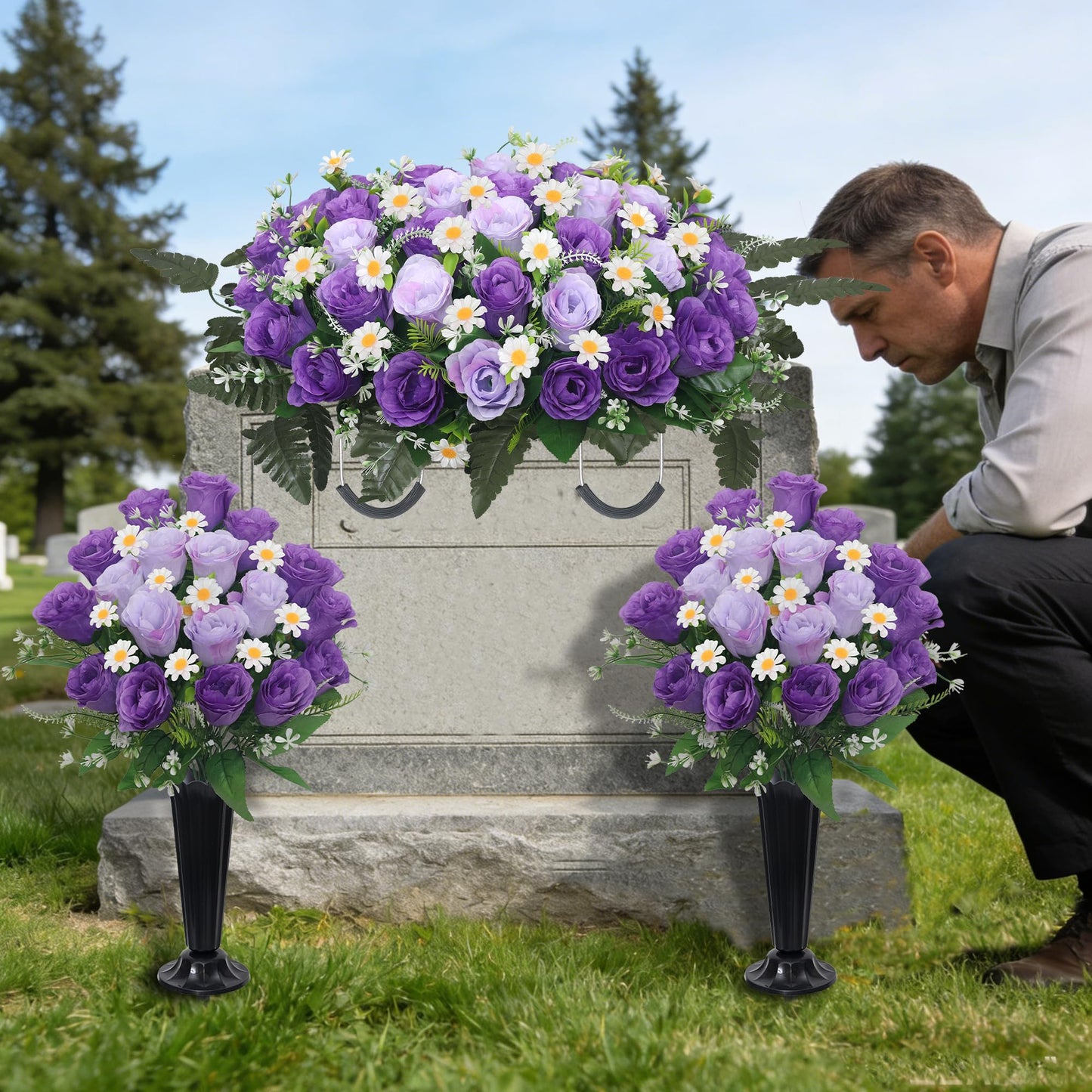 Wocst Headstone Flower Saddle,Large Artificial Cemetery Flowers for Grave 2Pack Artificial Silk Roses Daisy Bouquets with Cemetery Vases for Outdoor Grave Decorations (Purple)