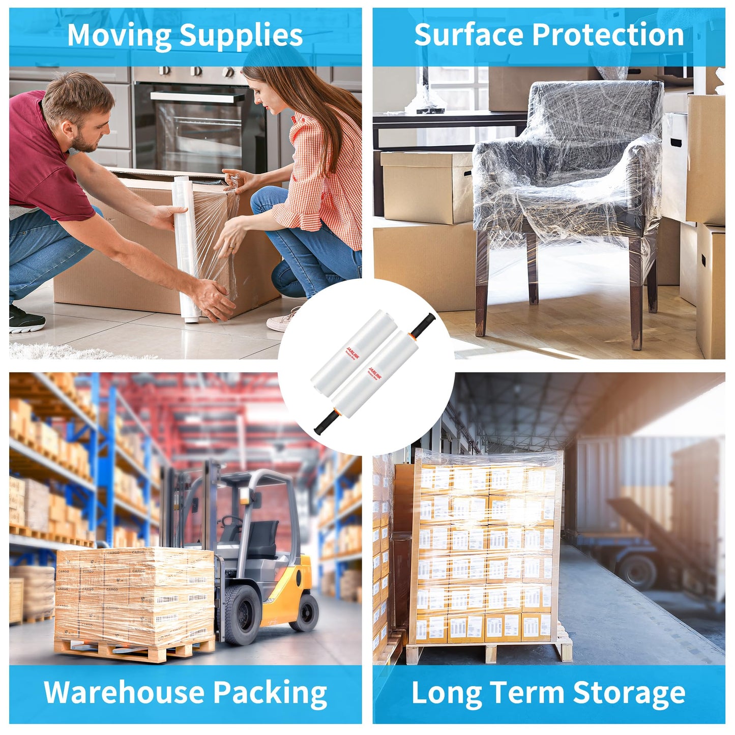 JARLINK Stretch Film, 80 Gauge,15 Inch x 820 Feet Shrink Wrap for Pallet Wrap, Industrial Strength Stretch Wrap up to 800% Stretch with Handles, Moving Wrapping Plastic Roll, 4 Pack