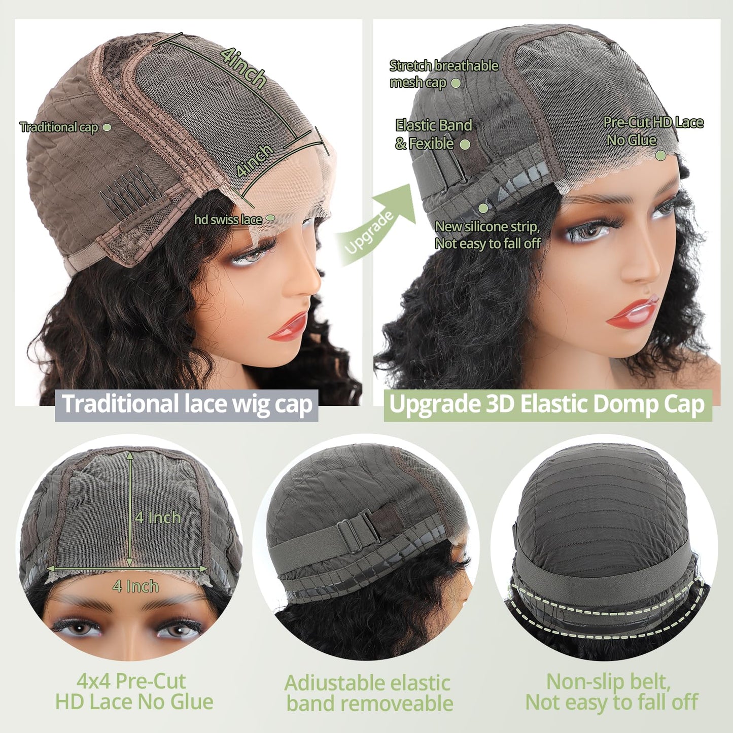 Eyefanniy Glueless Wigs Human Hair pre plucked Pre Cut Short Curly Bob Lace Front Wigs for Black Women 4x4 Lace Closure Glueless Wig with Elastic Band for Beginners 10 Inch